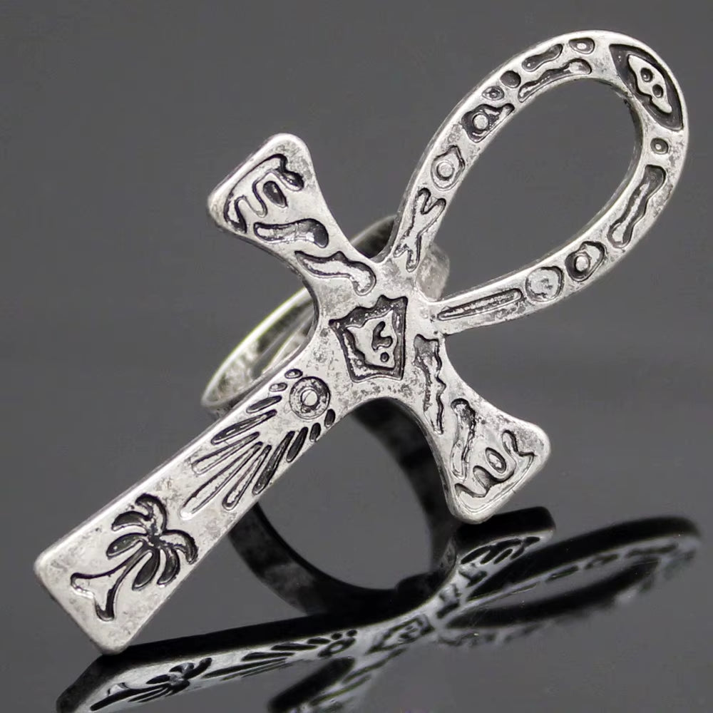 Carved Ankh Band Ring Adjustable Vintage Finish | Symbol of Life