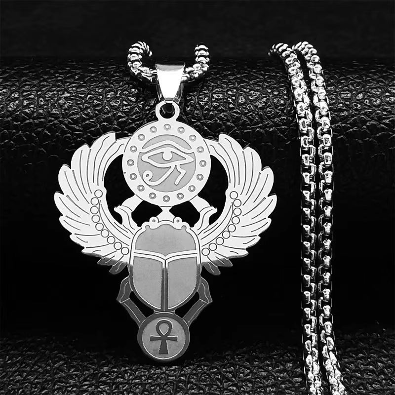 Scarab & Solar Eye Pendant Necklace Gold-Tone Stainless Steel with Ankh Detail (Unisex)