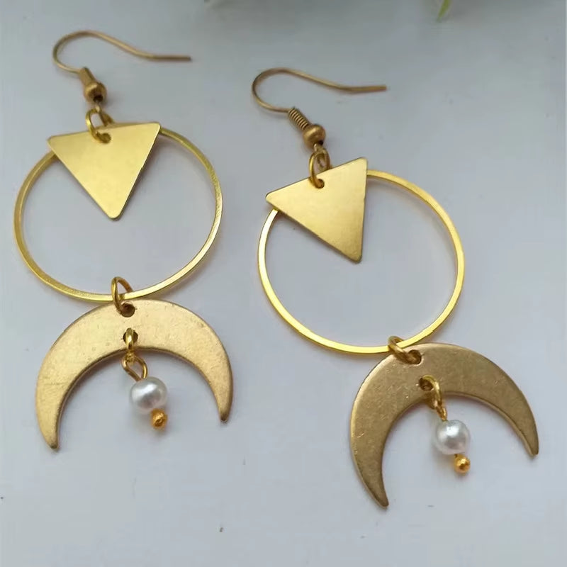 Celestial Crescent Drop Earrings Sun & Moon Brass Statement