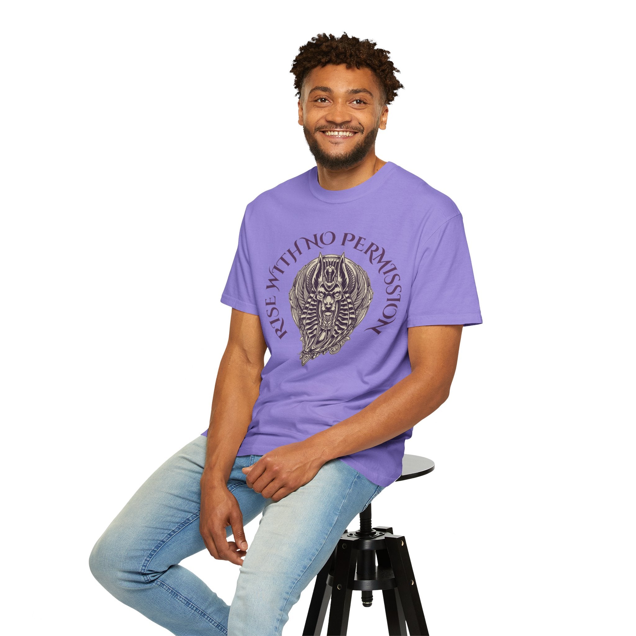 Rise With No Permission T-Shirt — Anubis Helmet Graphic Tee (“Your Song Is Your Spell”)