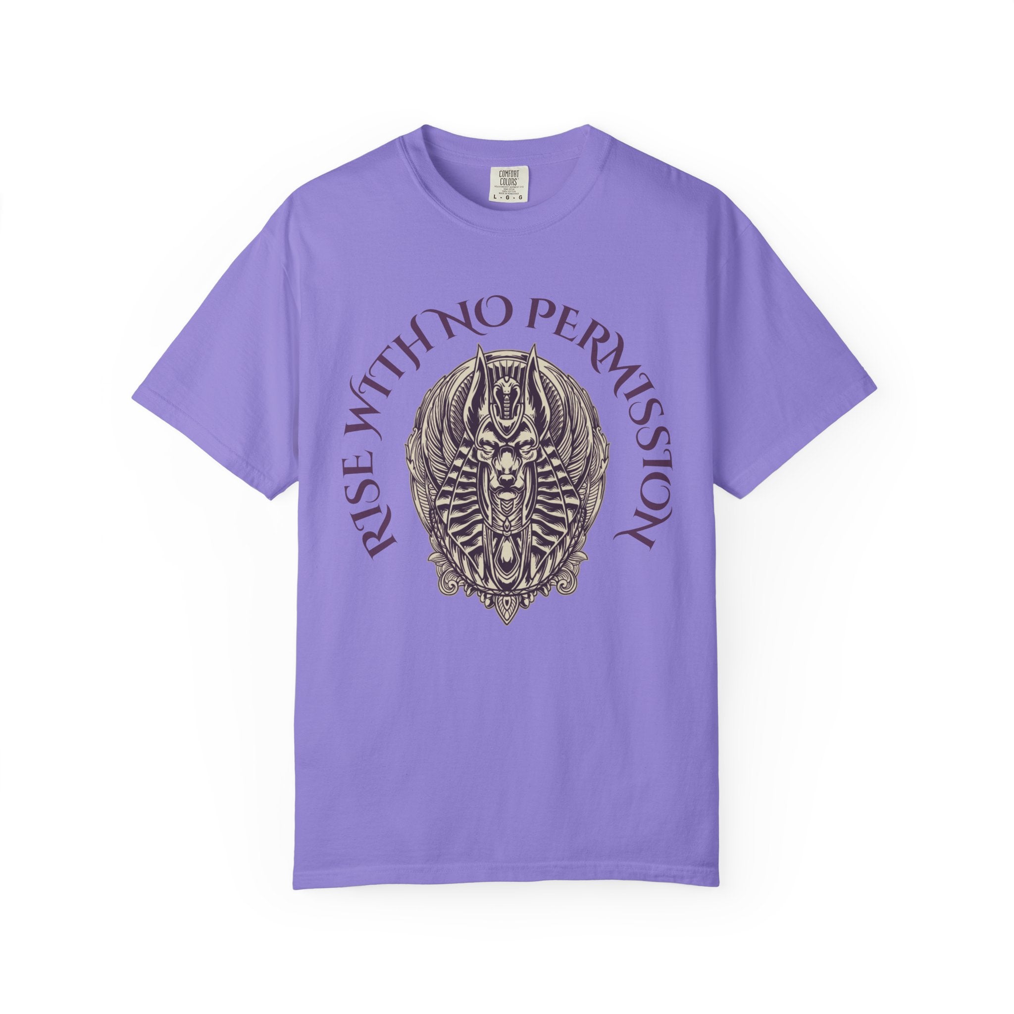 Rise With No Permission T-Shirt — Anubis Helmet Graphic Tee (“Your Song Is Your Spell”)