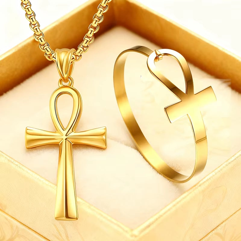 Ankh Jewelry Set Pendant & Cuff – 316L Stainless Steel