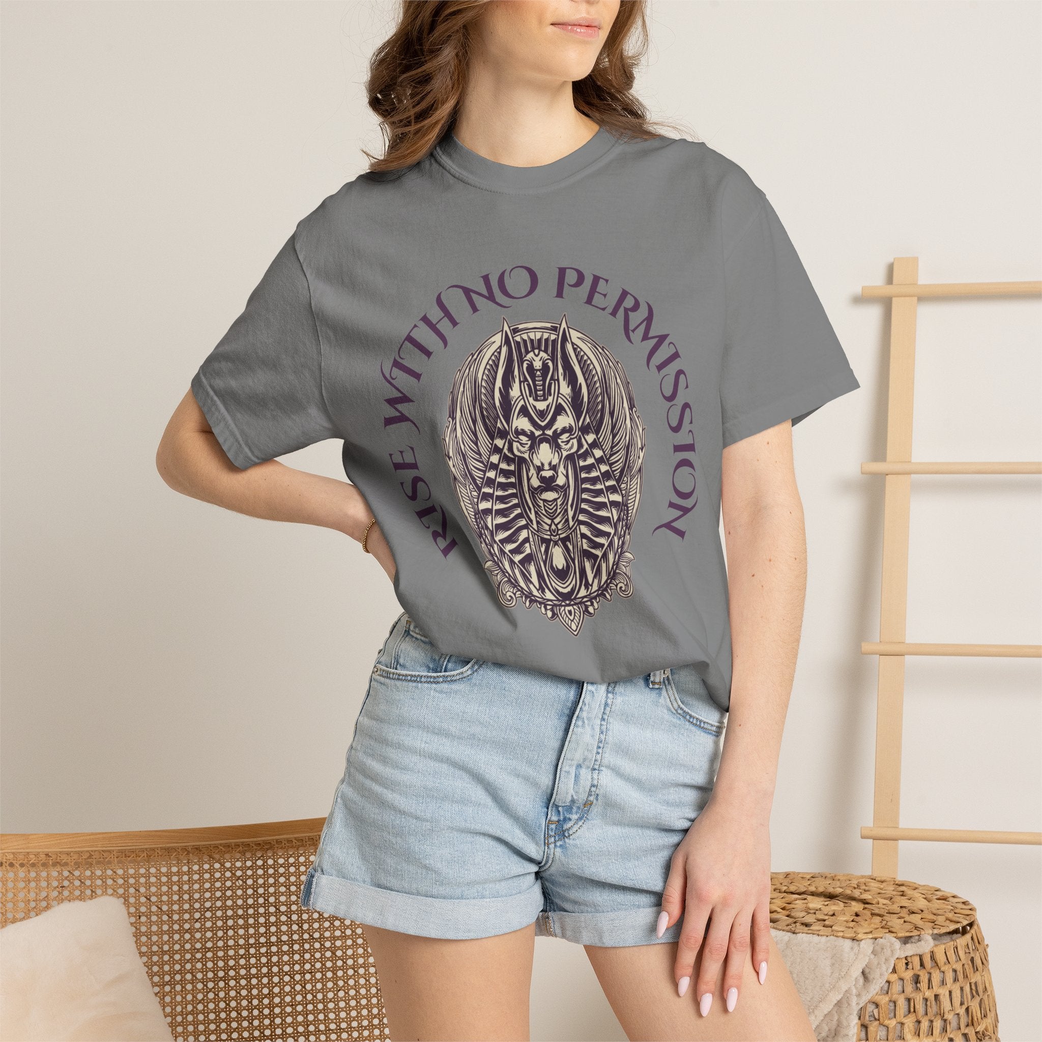 Rise With No Permission T-Shirt — Anubis Helmet Graphic Tee (“Your Song Is Your Spell”)