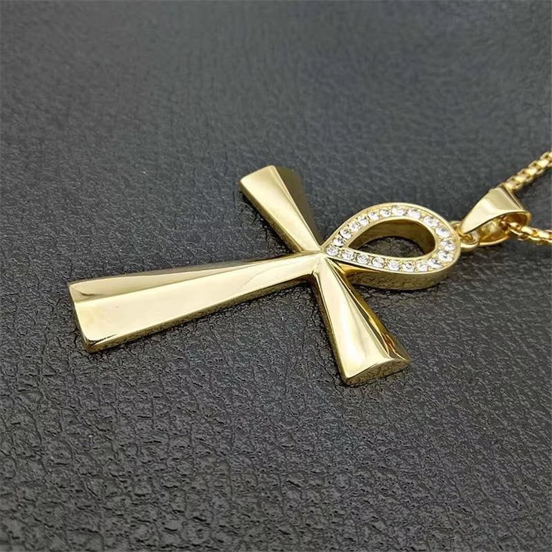 Iced Ankh Pendant Necklace Gold-Tone Stainless Steel Key of Life with Crystal Detailing