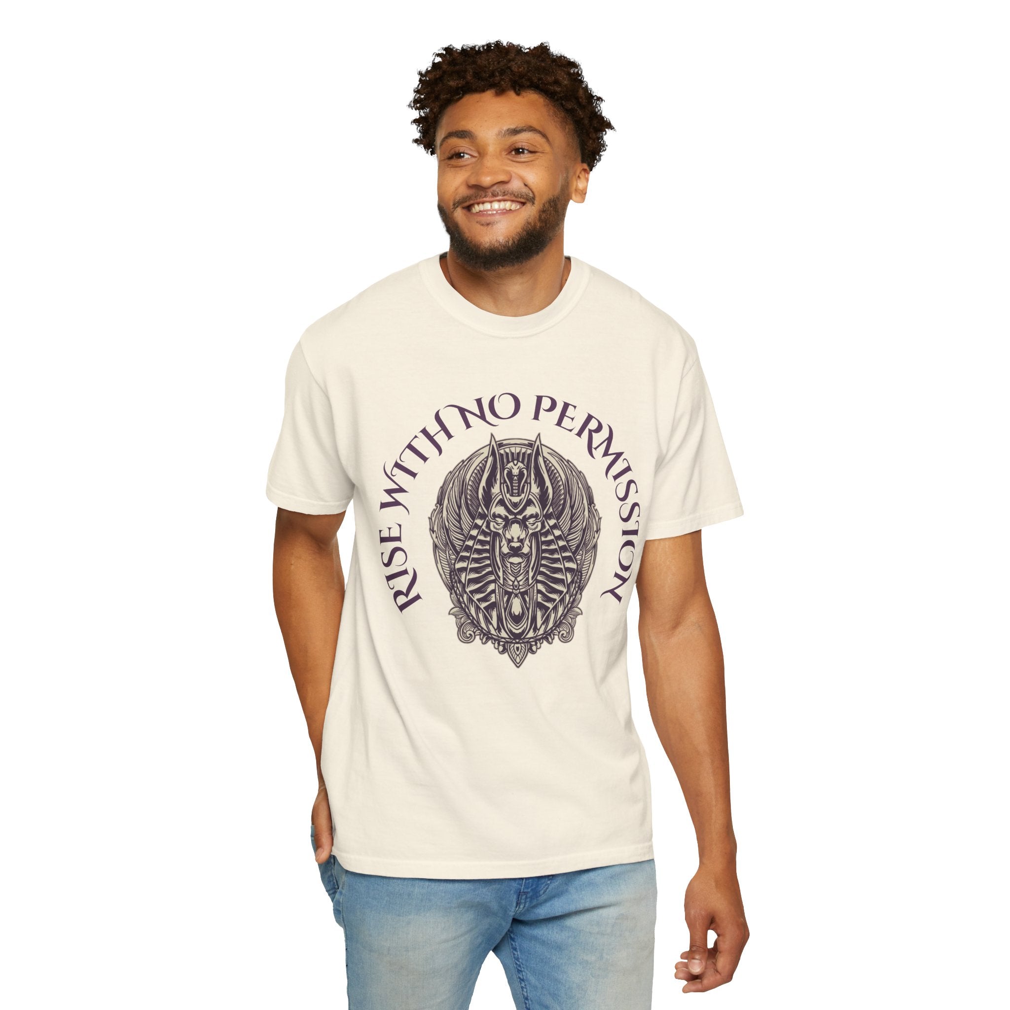 Rise With No Permission T-Shirt — Anubis Helmet Graphic Tee (“Your Song Is Your Spell”)