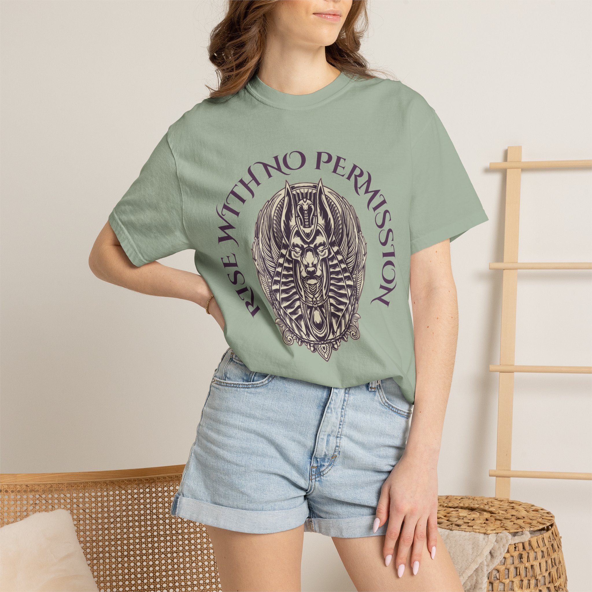 Rise With No Permission T-Shirt — Anubis Helmet Graphic Tee (“Your Song Is Your Spell”)