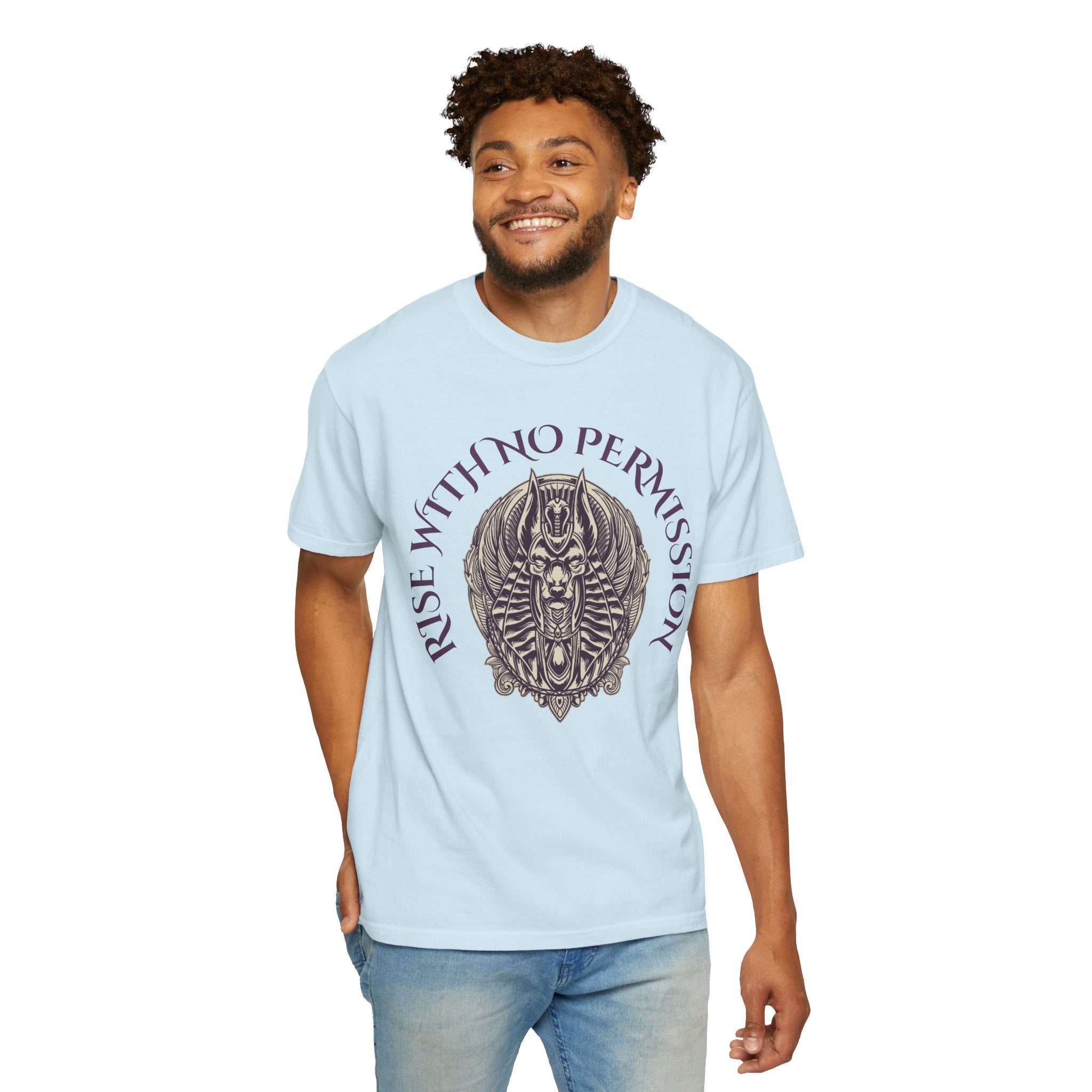 Rise With No Permission T-Shirt — Anubis Helmet Graphic Tee (“Your Song Is Your Spell”)