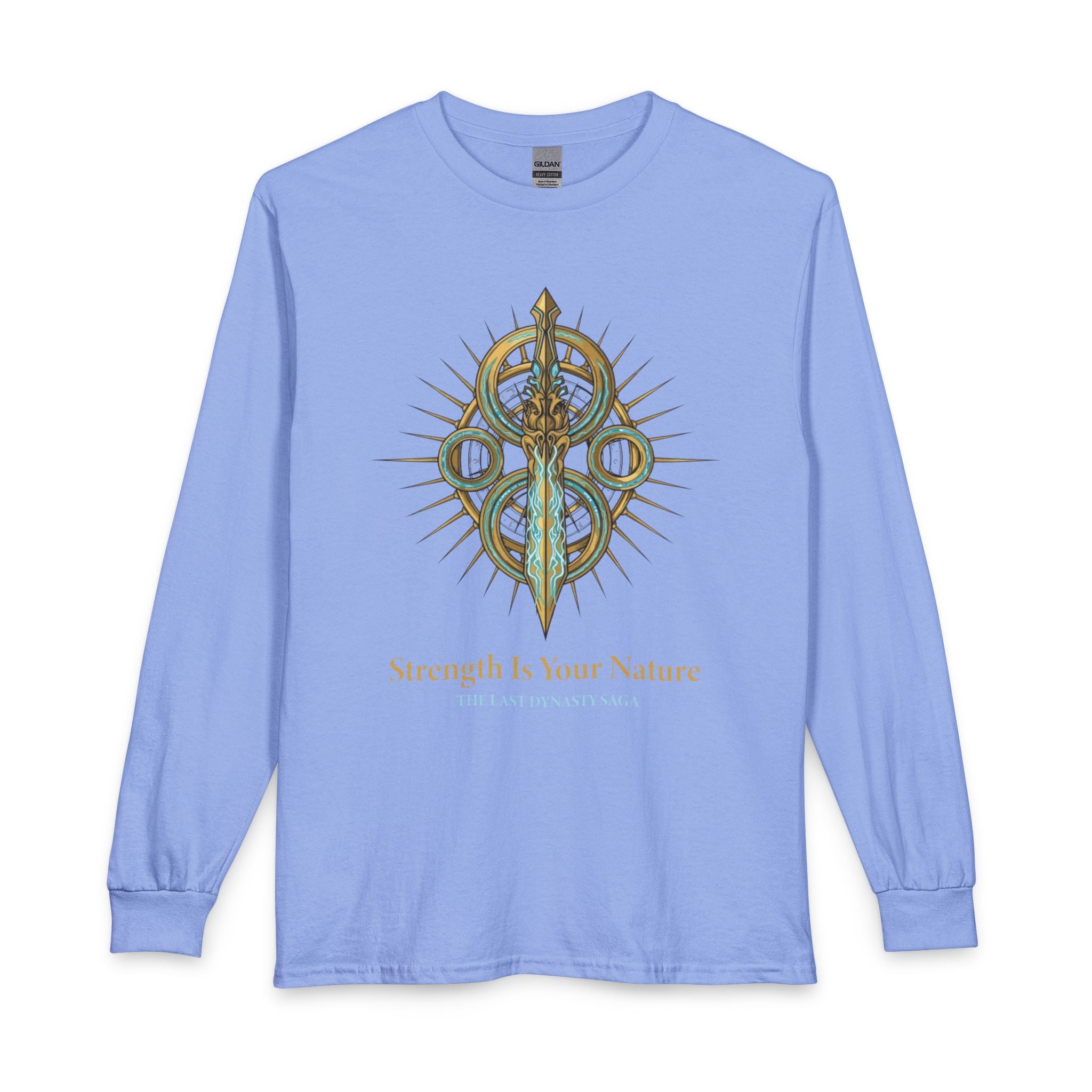 Strength Is Your Nature Long Sleeve Tee — Geometric Serpent Sword and Scarab Design