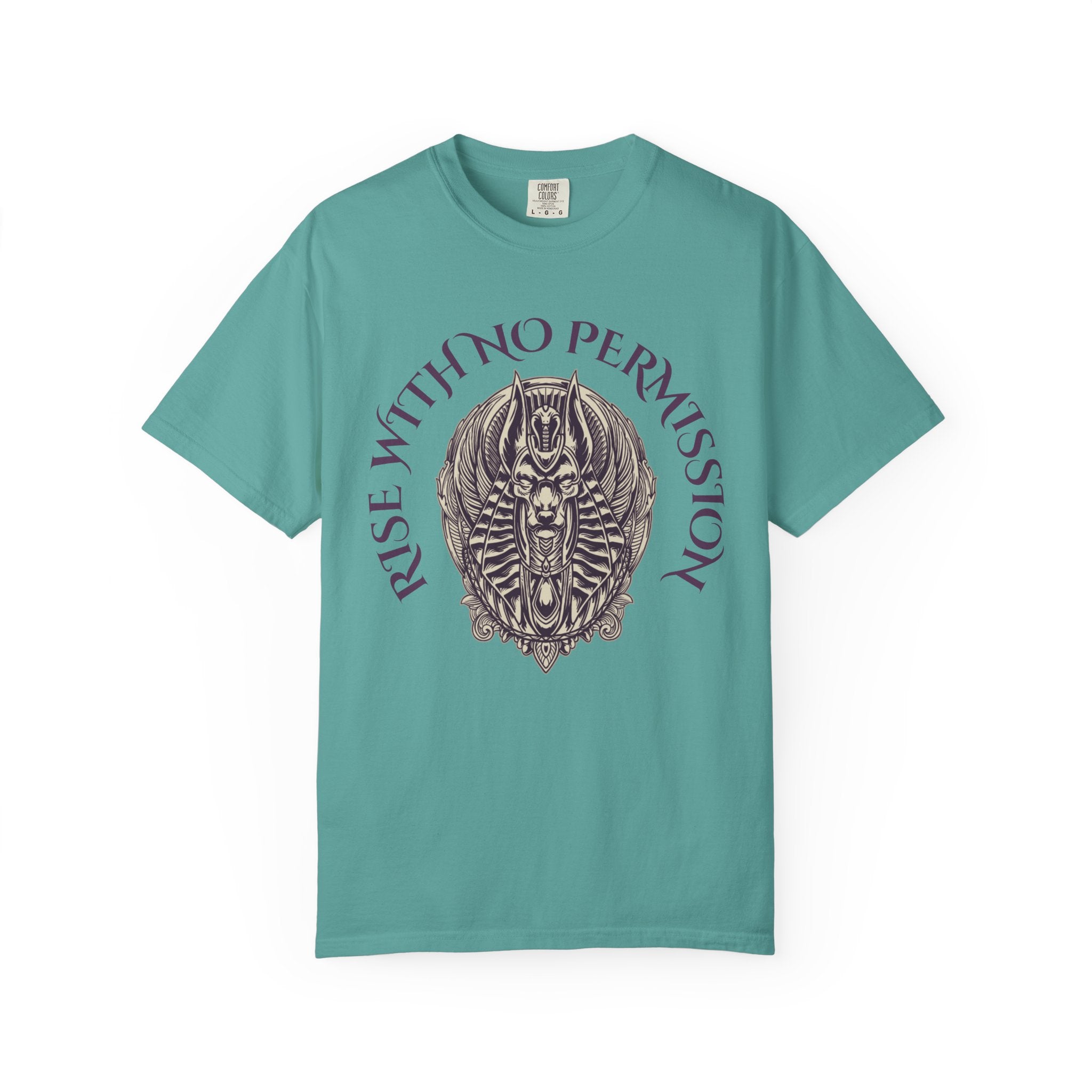 Rise With No Permission T-Shirt — Anubis Helmet Graphic Tee (“Your Song Is Your Spell”)