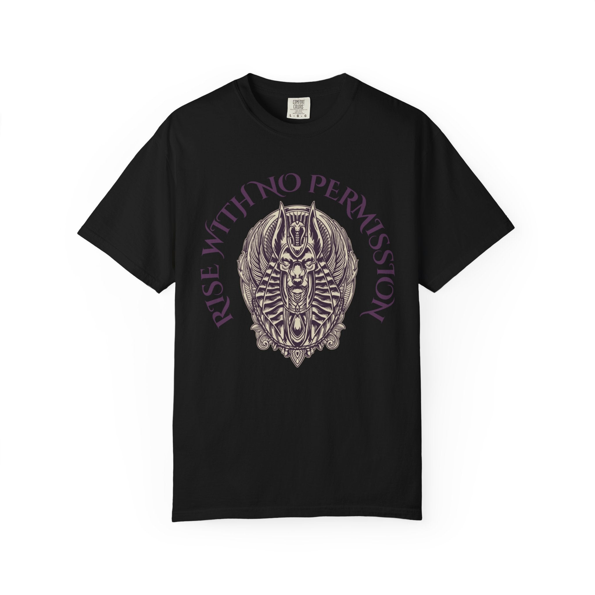 Rise With No Permission T-Shirt — Anubis Helmet Graphic Tee (“Your Song Is Your Spell”)