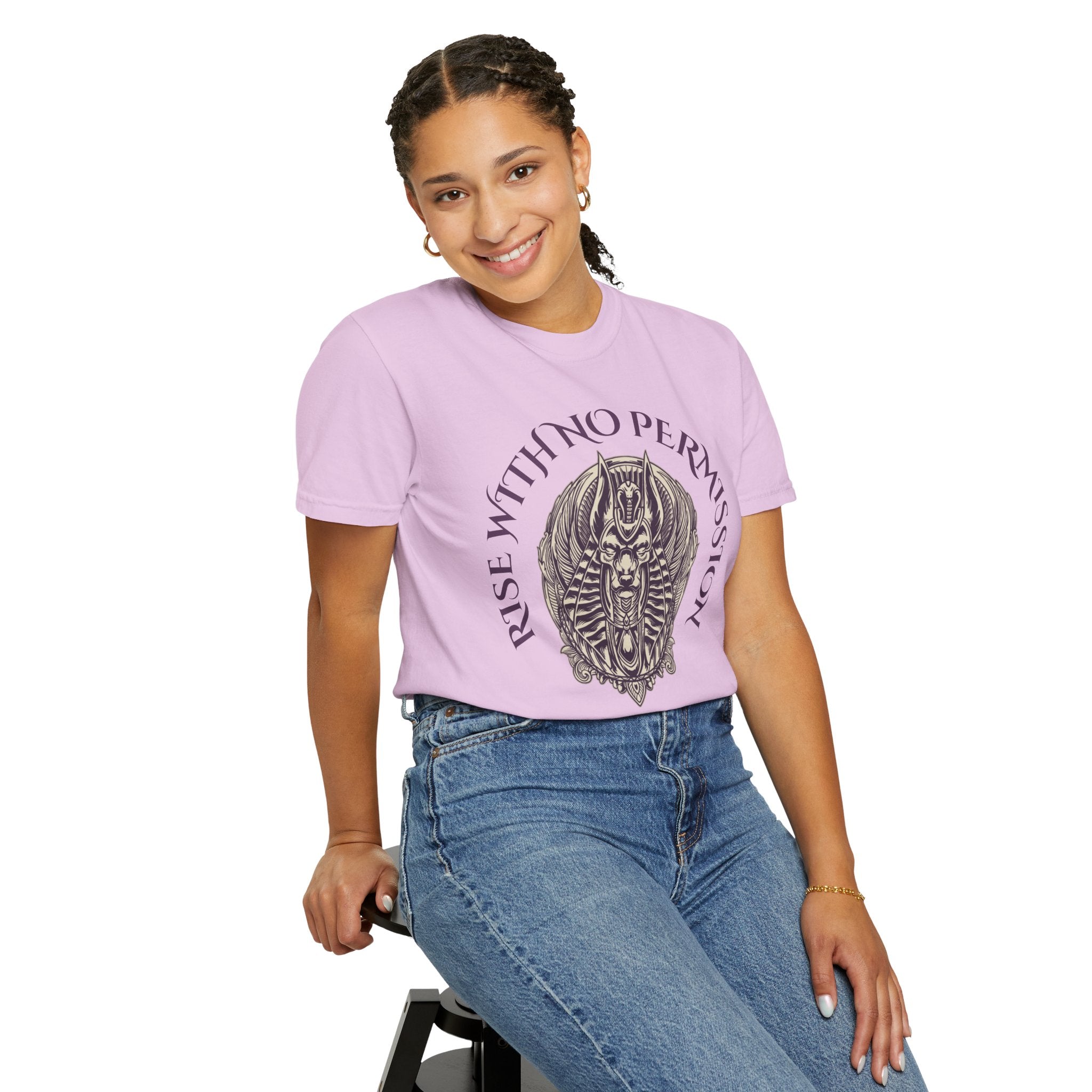Rise With No Permission T-Shirt — Anubis Helmet Graphic Tee (“Your Song Is Your Spell”)