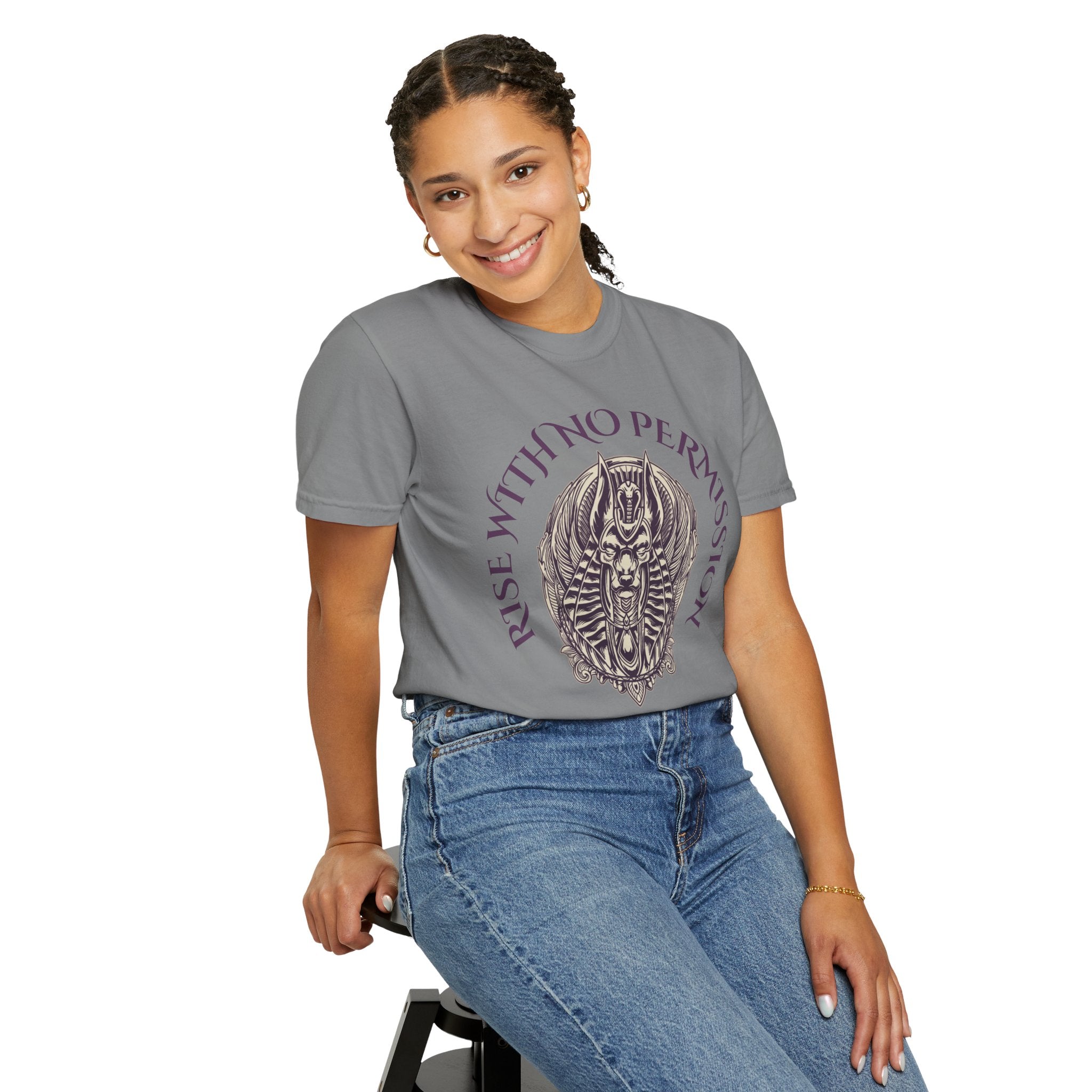 Rise With No Permission T-Shirt — Anubis Helmet Graphic Tee (“Your Song Is Your Spell”)