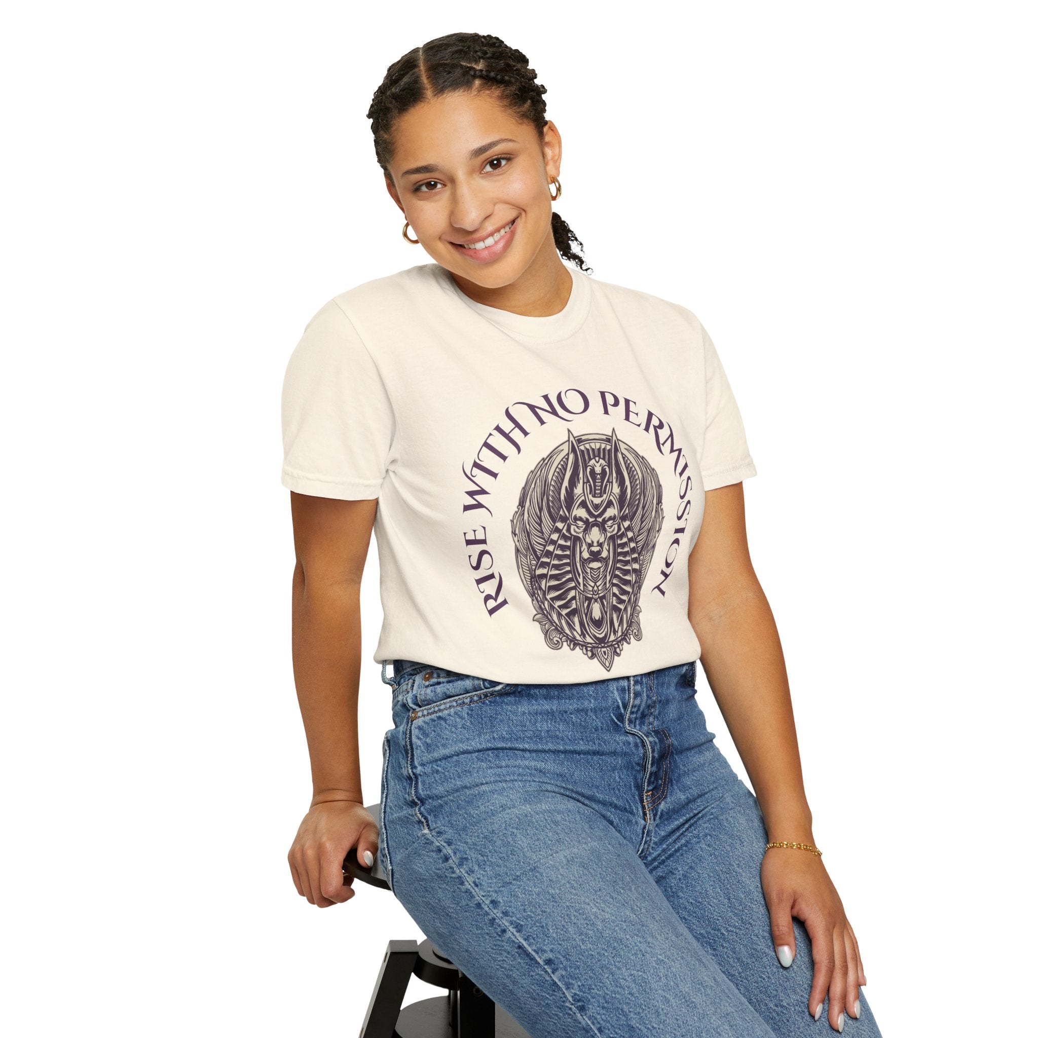 Rise With No Permission T-Shirt — Anubis Helmet Graphic Tee (“Your Song Is Your Spell”)