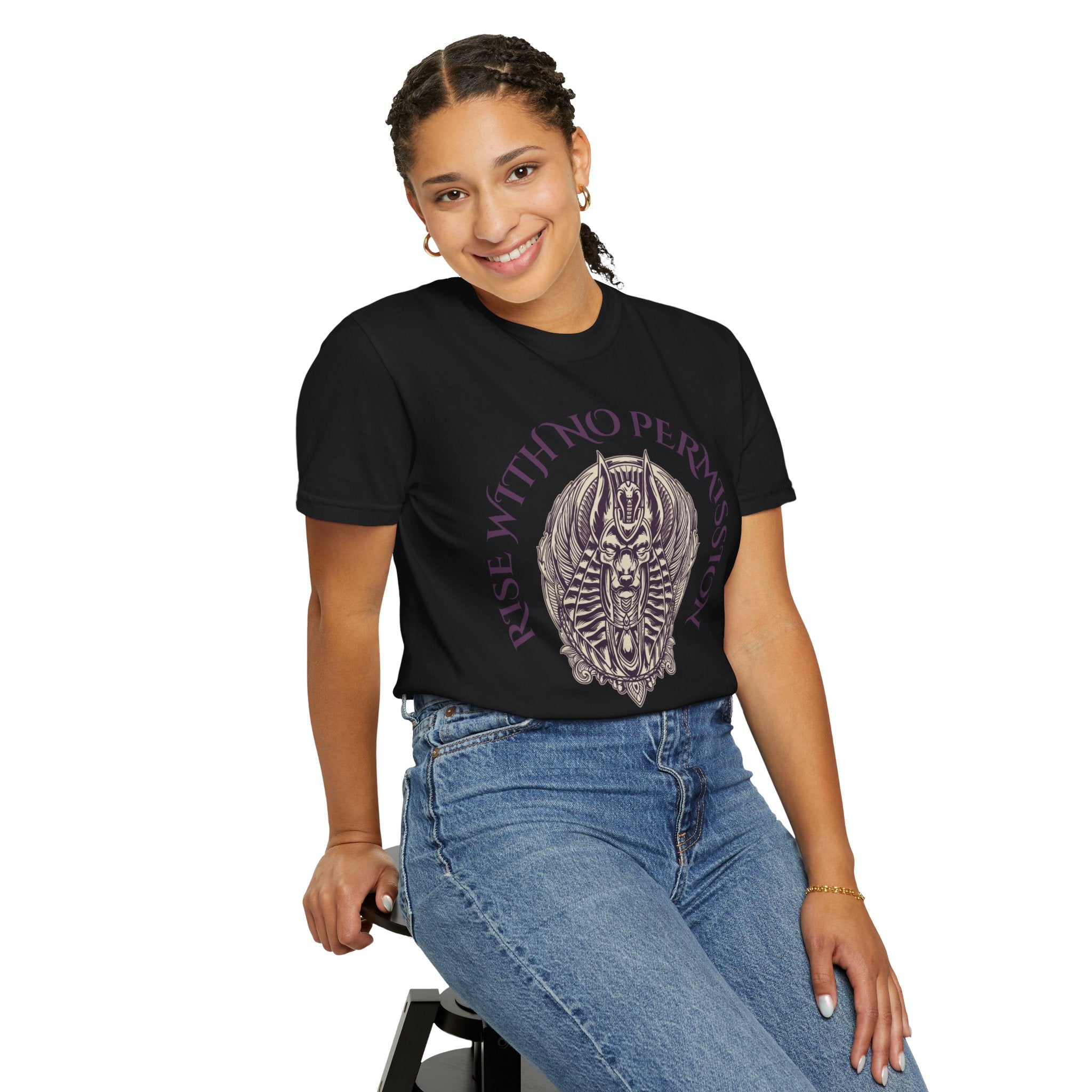 Rise With No Permission T-Shirt — Anubis Helmet Graphic Tee (“Your Song Is Your Spell”)