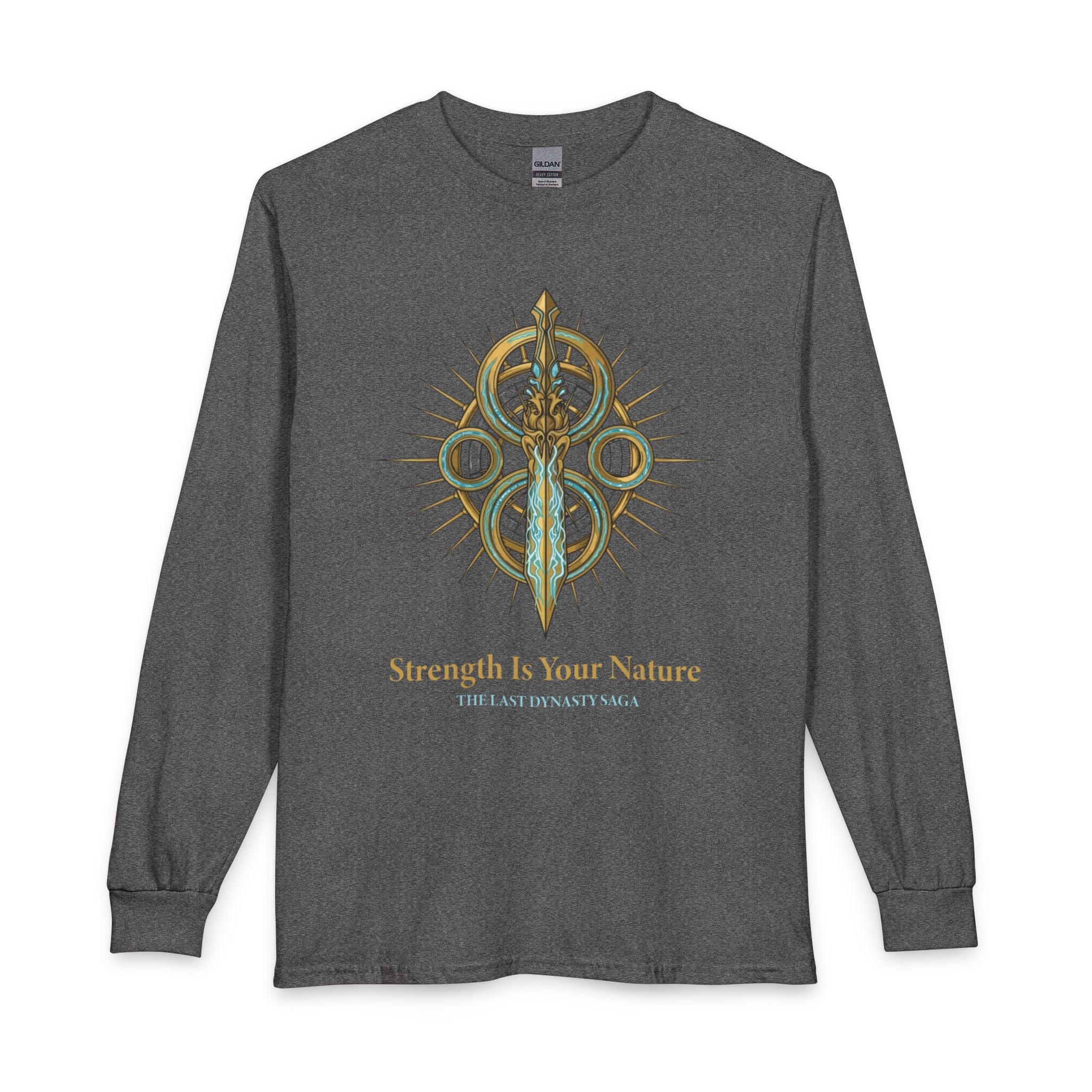 Strength Is Your Nature Long Sleeve Tee — Geometric Serpent Sword and Scarab Design