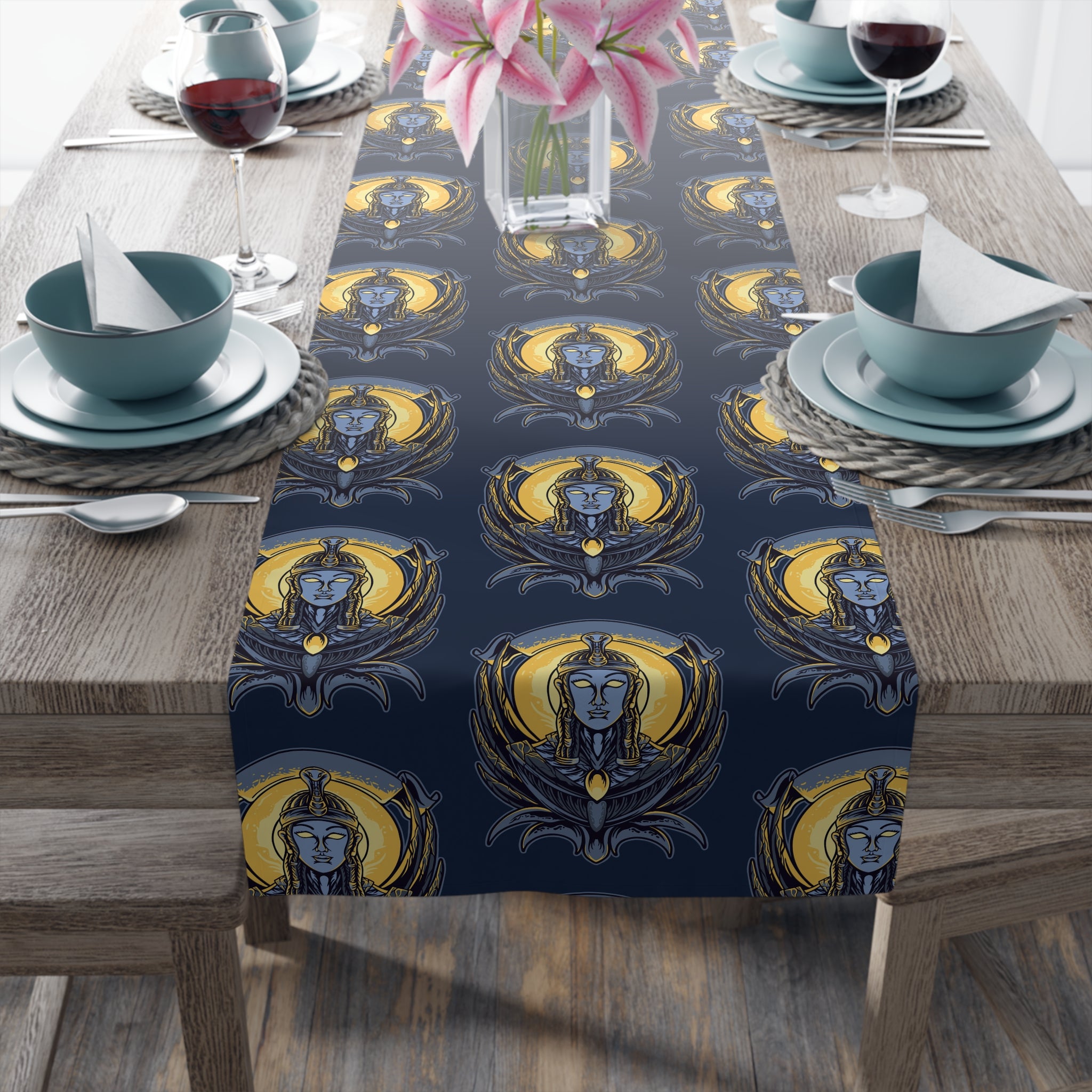 Art Nouveau Moon & Owl Table Runner — Night Sky Decorative Linen