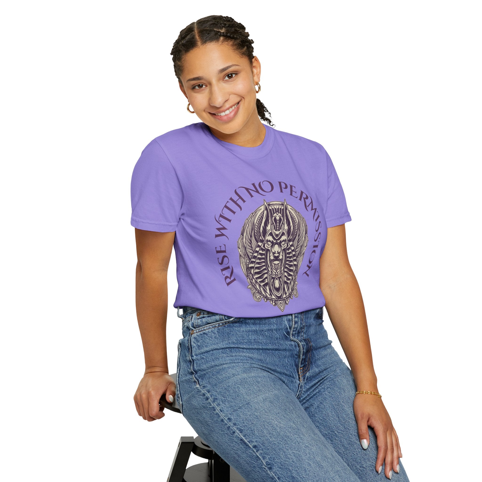 Rise With No Permission T-Shirt — Anubis Helmet Graphic Tee (“Your Song Is Your Spell”)