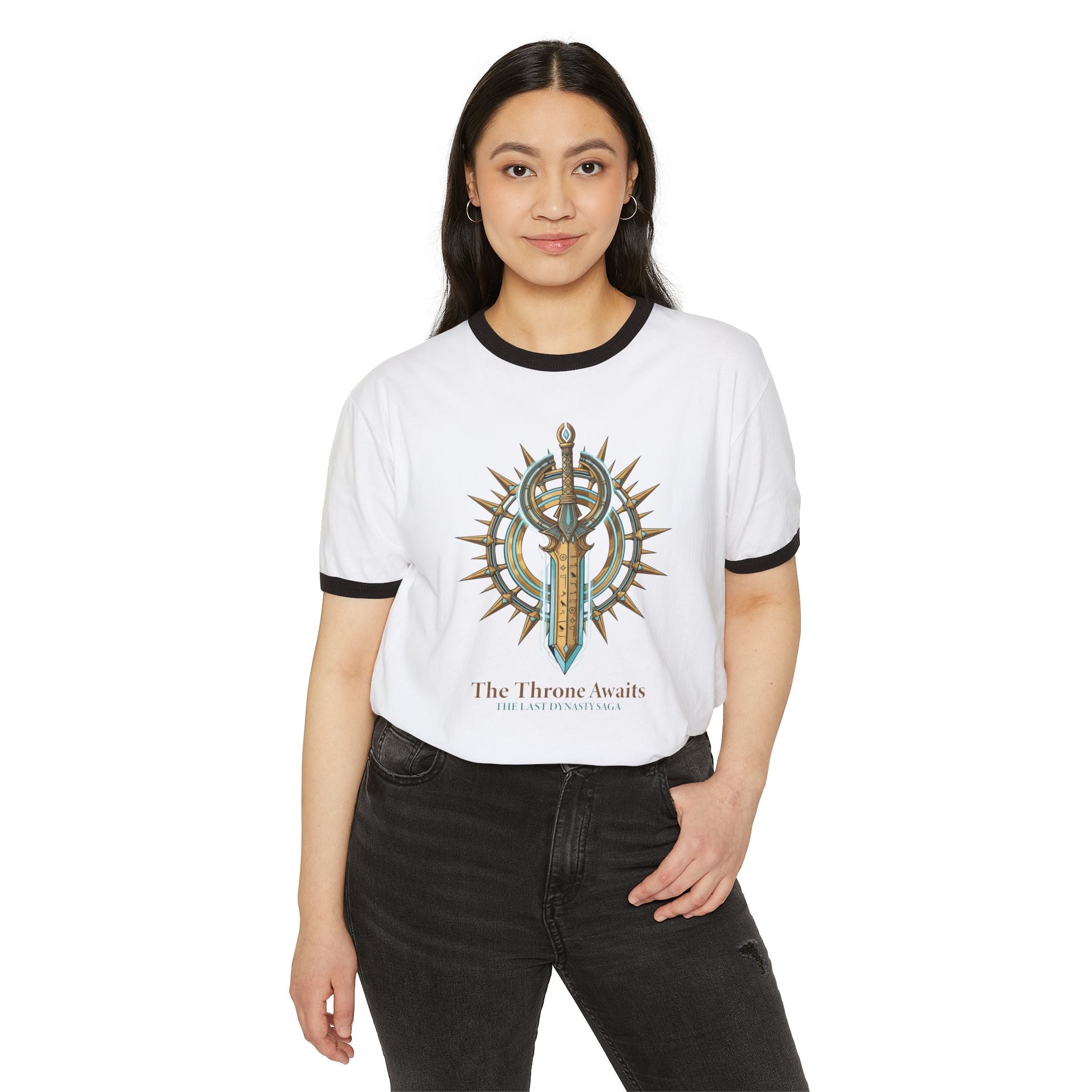 Ringer T-Shirt — "The Throne Awaits" Fantasy Sword Crest Tee