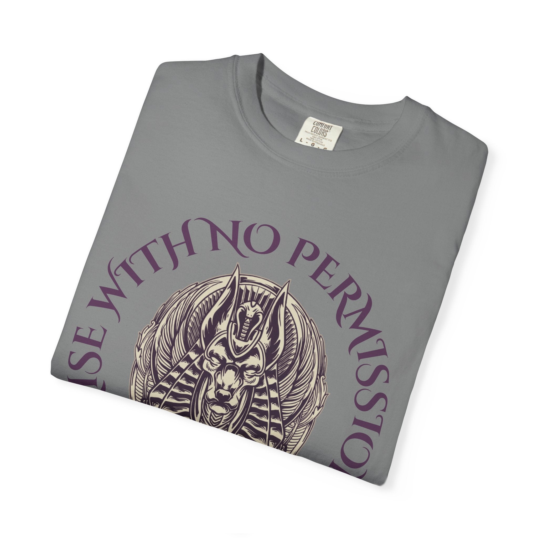 Rise With No Permission T-Shirt — Anubis Helmet Graphic Tee (“Your Song Is Your Spell”)