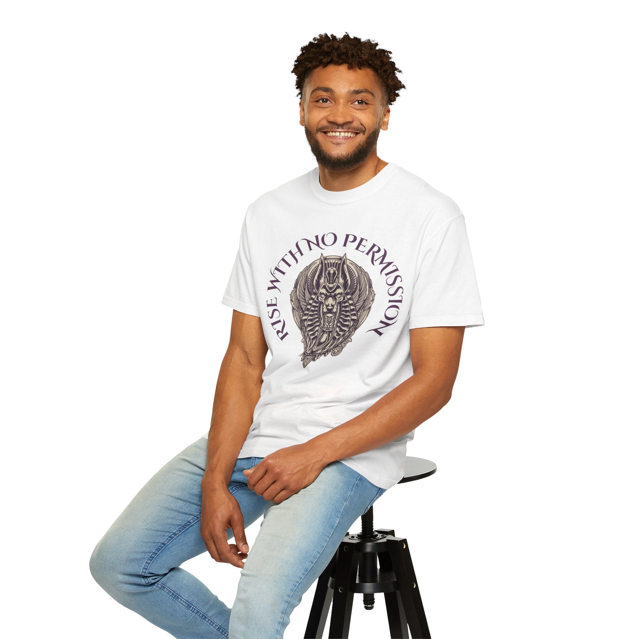 Rise With No Permission T-Shirt — Anubis Helmet Graphic Tee (“Your Song Is Your Spell”)