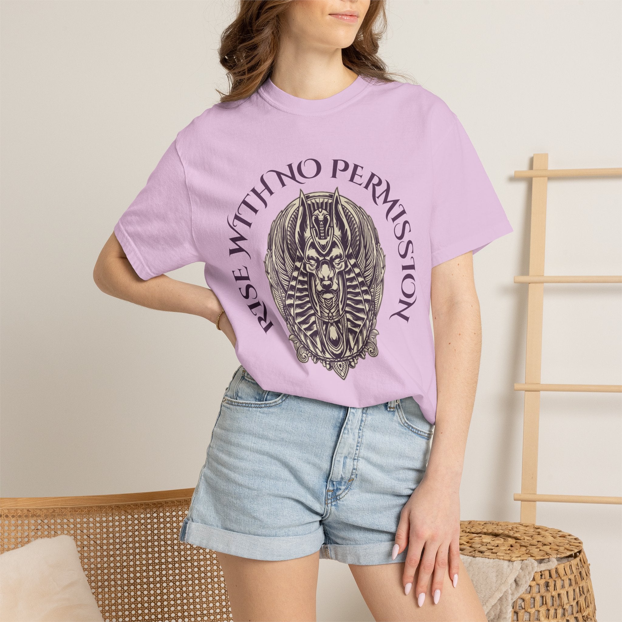 Rise With No Permission T-Shirt — Anubis Helmet Graphic Tee (“Your Song Is Your Spell”)