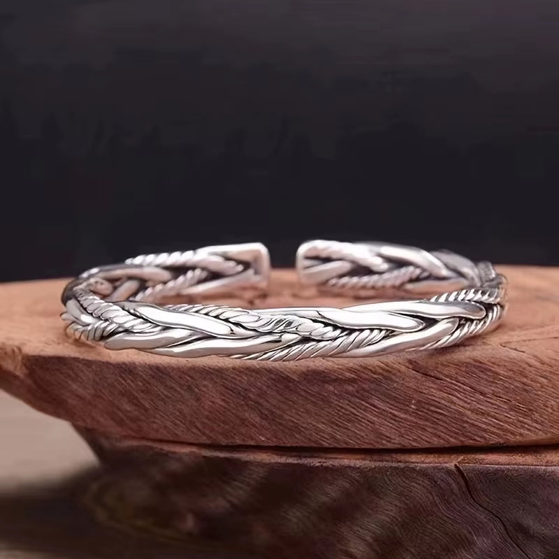 Twisted Woven Open Cuff Bracelet Silver-Tone Adjustable Stainless Steel Bangle (Unisex)