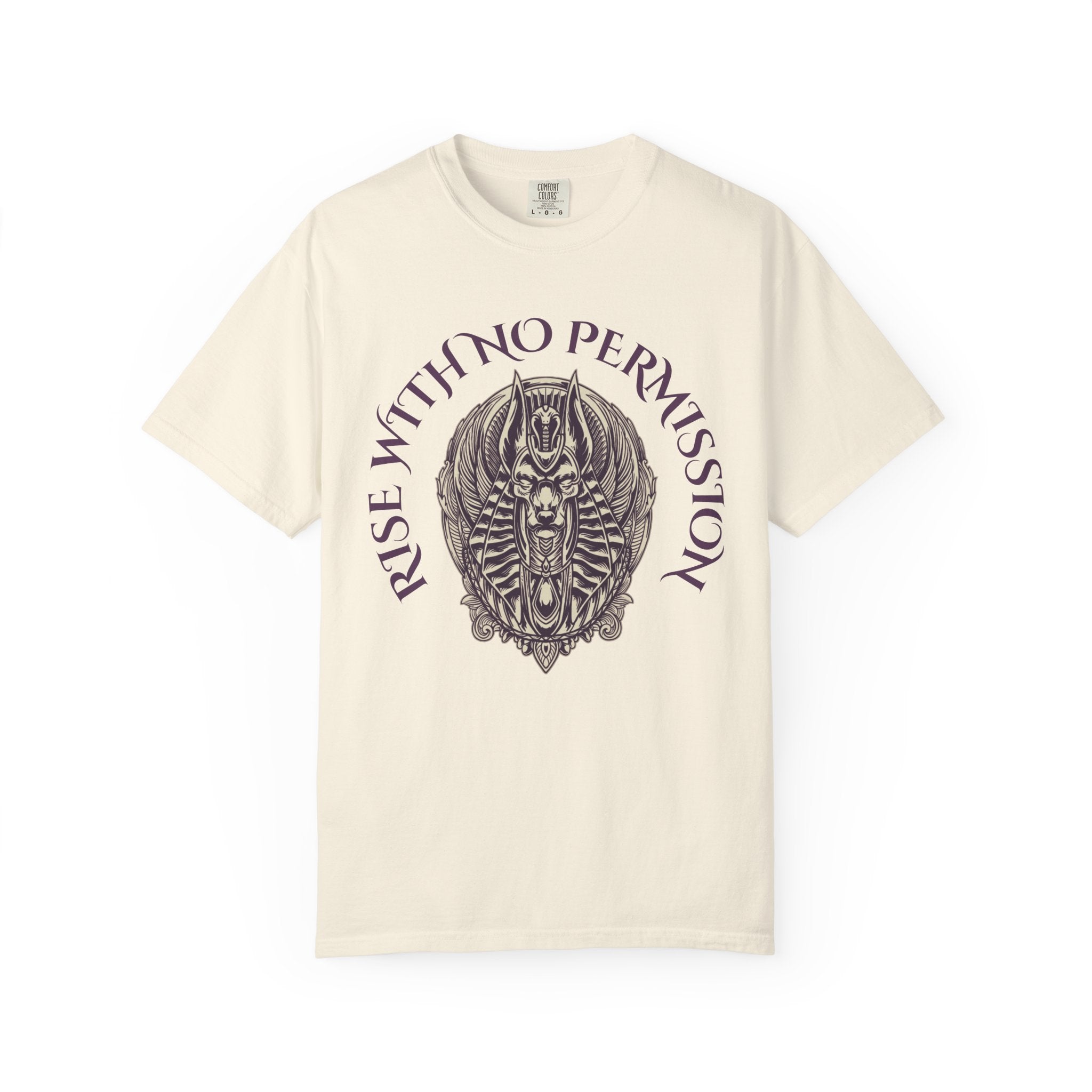 Rise With No Permission T-Shirt — Anubis Helmet Graphic Tee (“Your Song Is Your Spell”)