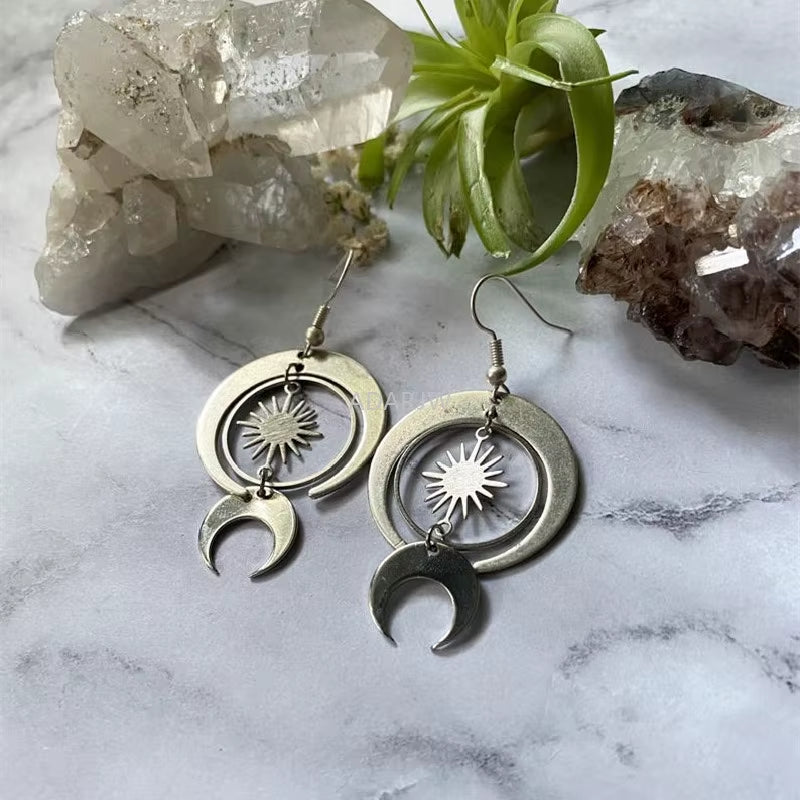 Celestial Crescent Drop Earrings Sun & Moon Brass Statement