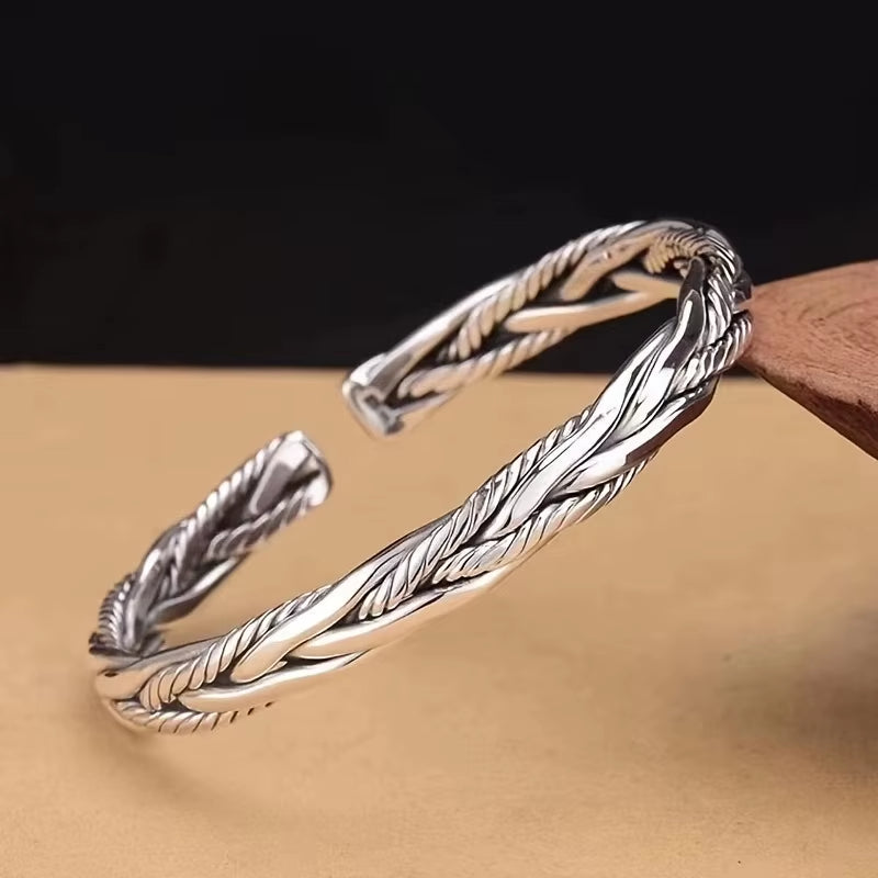 Twisted Woven Open Cuff Bracelet Silver-Tone Adjustable Stainless Steel Bangle (Unisex)