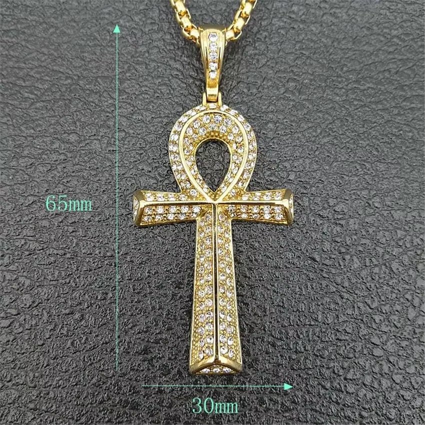 Iced Ankh Cross Pendant Stainless Steel Necklace with Full Crystal Detailing (Unisex)