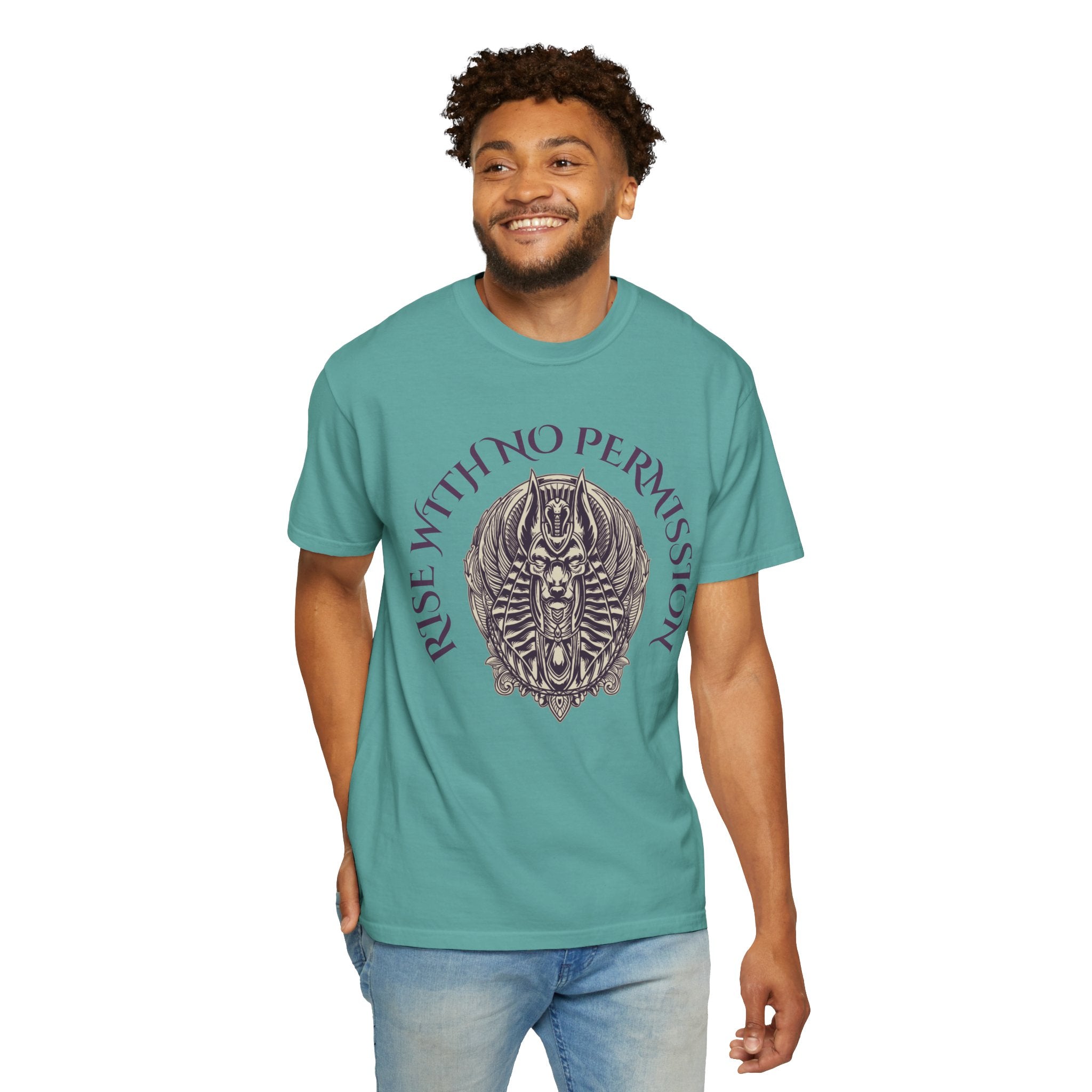 Rise With No Permission T-Shirt — Anubis Helmet Graphic Tee (“Your Song Is Your Spell”)
