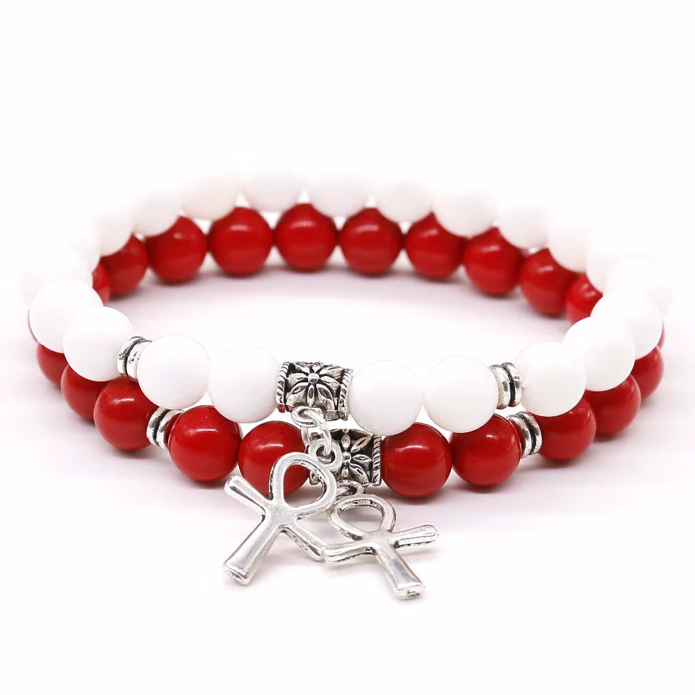 Cinnabar & Tridacna Ankh Bracelet 8mm Natural Stone Beads | 19cm