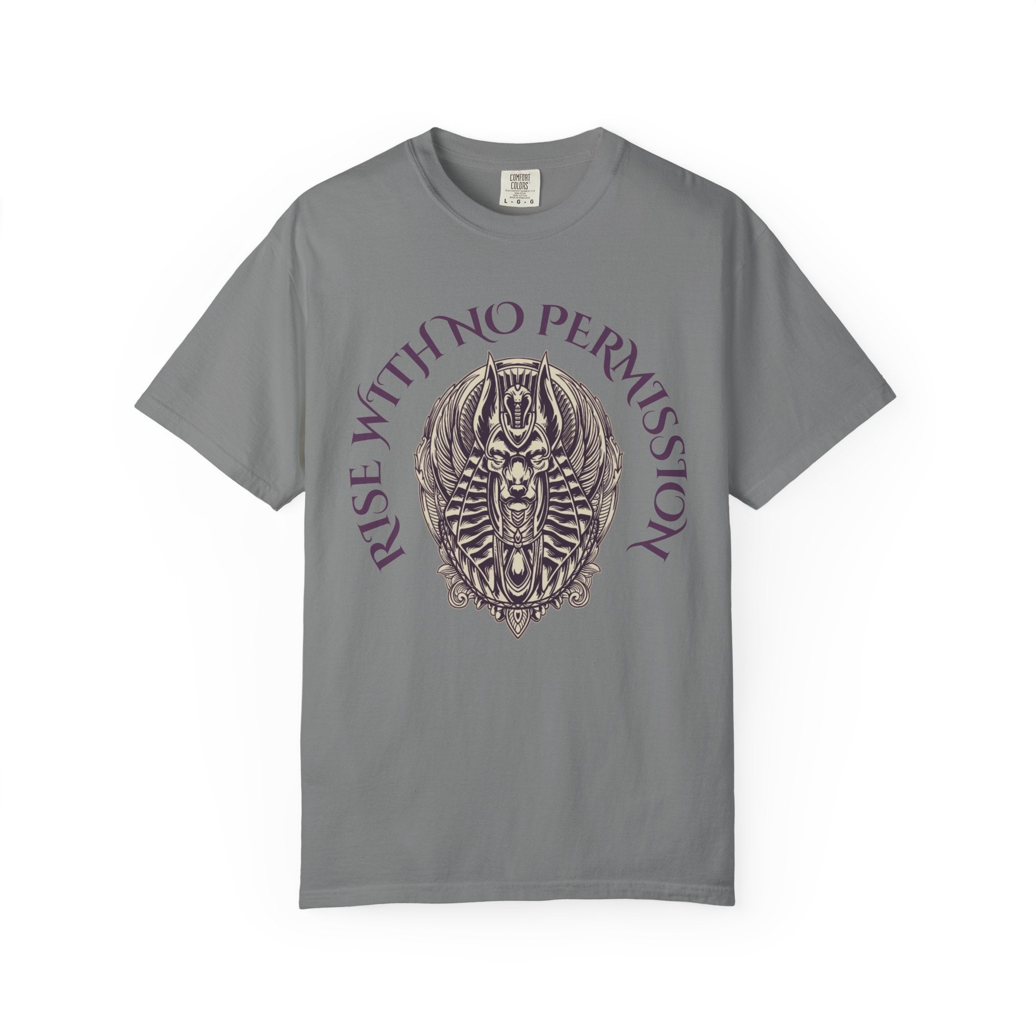 Rise With No Permission T-Shirt — Anubis Helmet Graphic Tee (“Your Song Is Your Spell”)