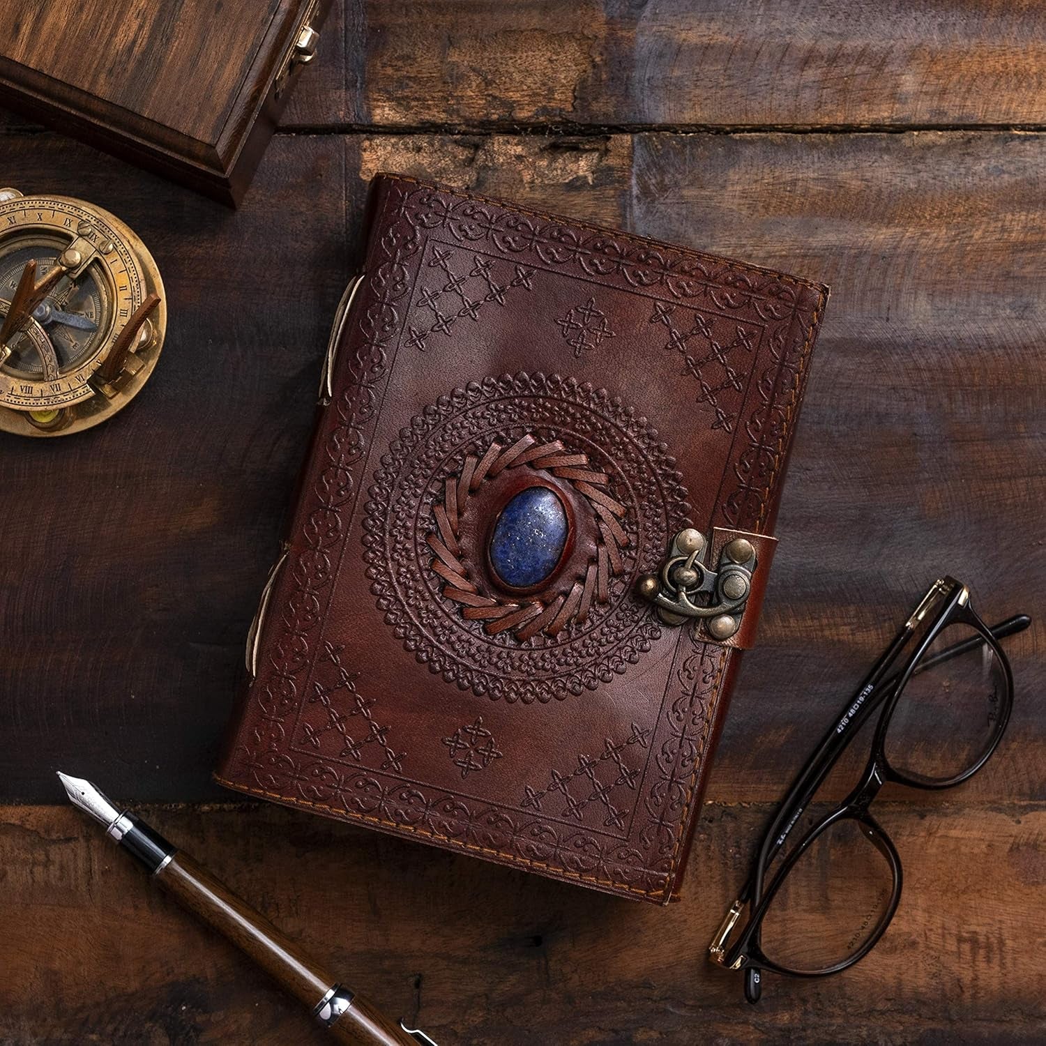 Vintage Leather Journal with Semi-Precious Stone Lock Closure • 240 Deckled Pages • 7 × 5 Inches