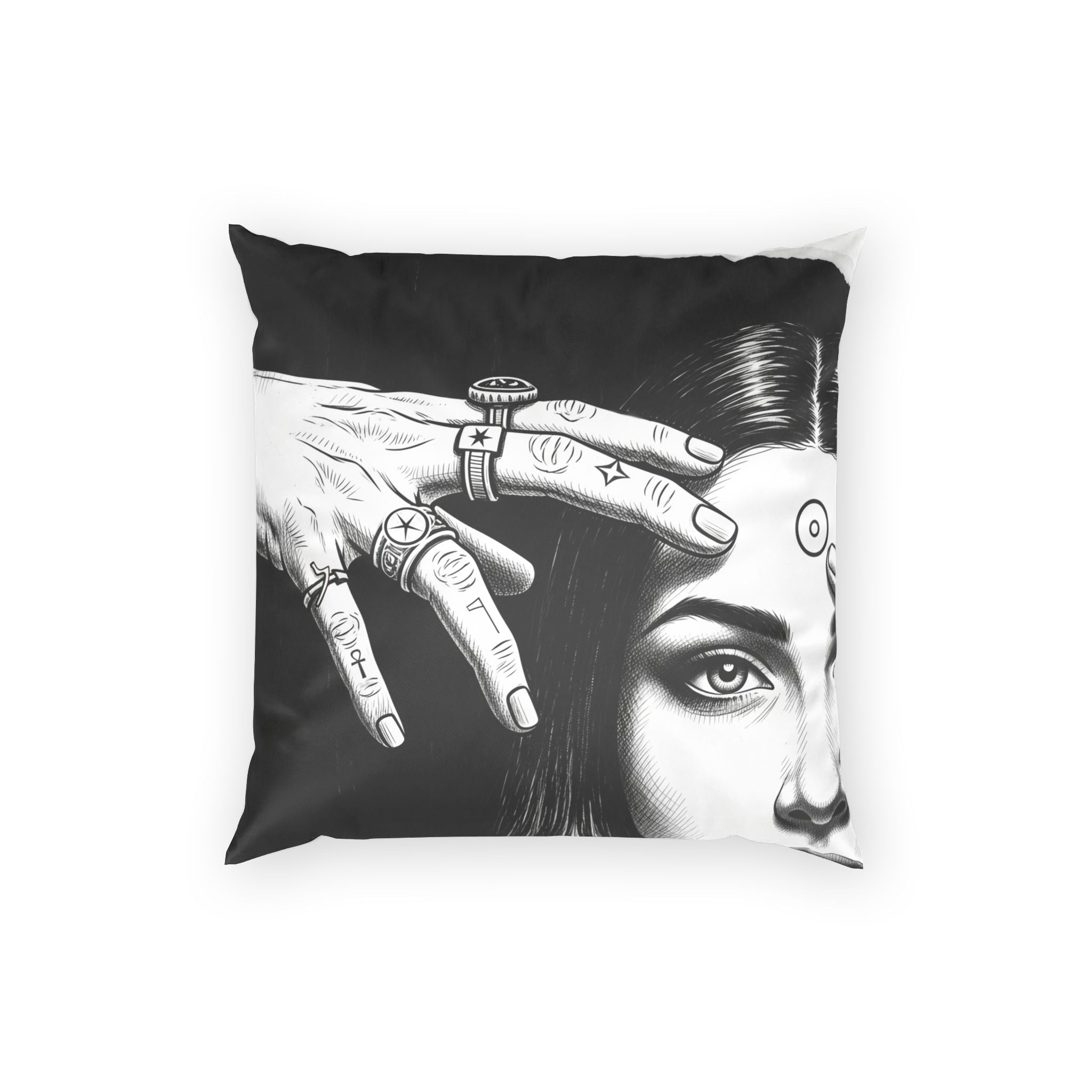 Mystic Portrait Velvet Pillow — Black & White Occult Art Decorative Throw