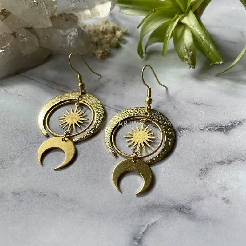 Celestial Crescent Drop Earrings Sun & Moon Brass Statement