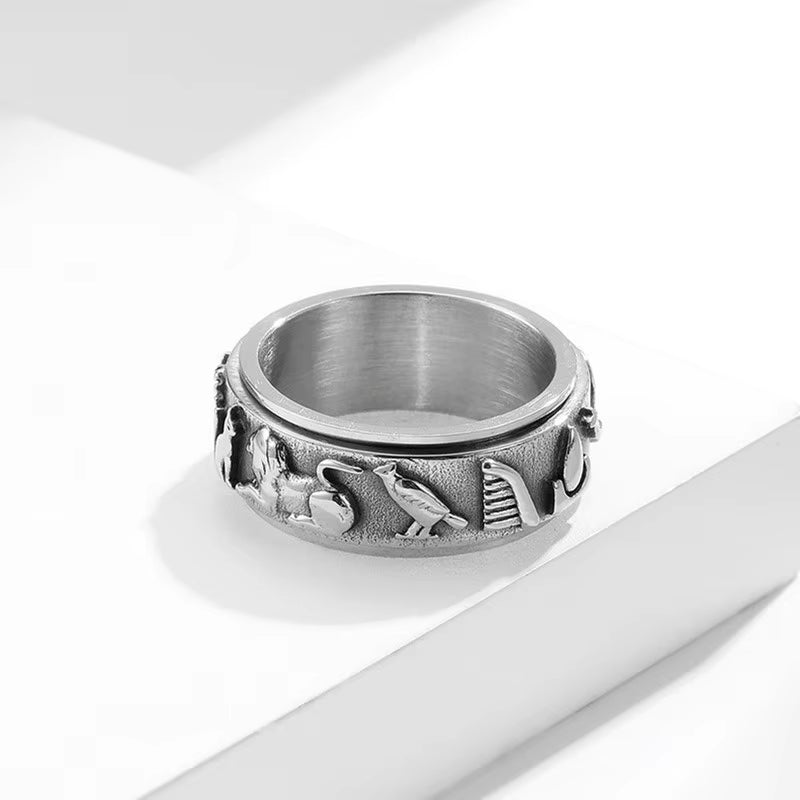 The Sigil Band – 8mm Vintage Stainless Steel Egyptian Symbol Spinner Ring Unisex | Sizes 6–12