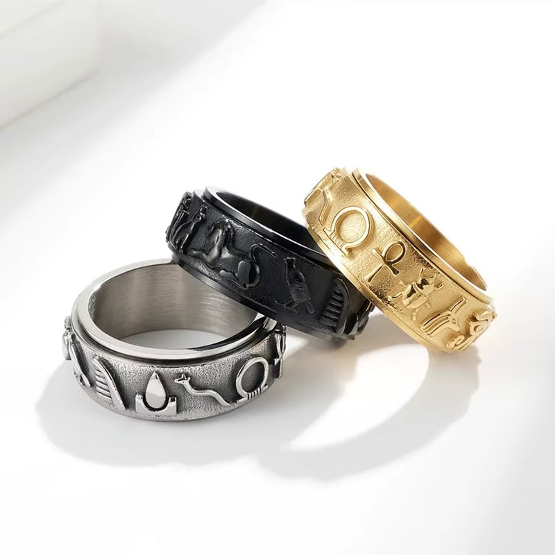 The Sigil Band – 8mm Vintage Stainless Steel Egyptian Symbol Spinner Ring Unisex | Sizes 6–12
