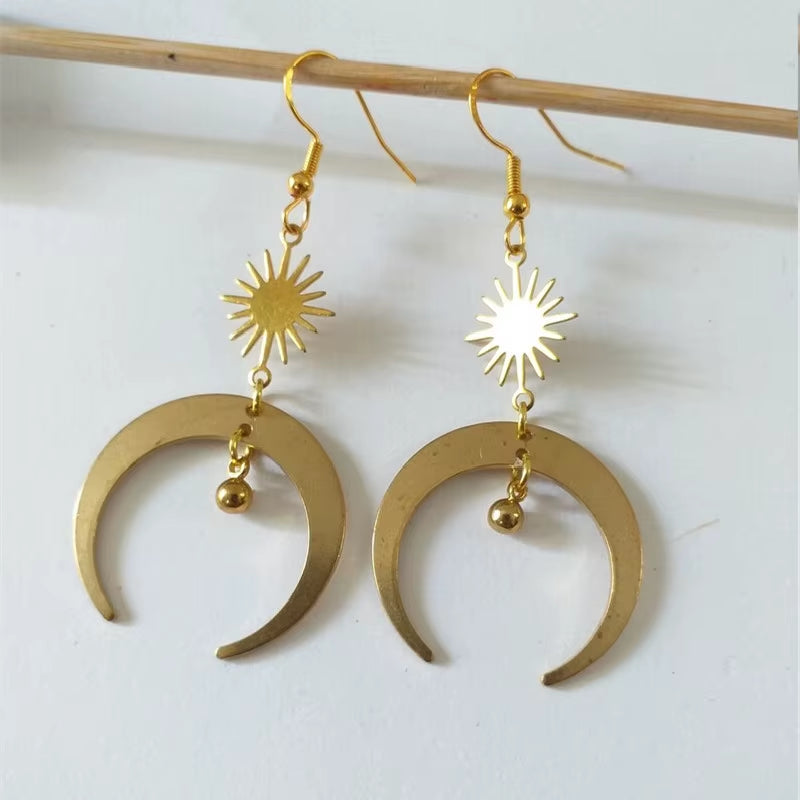 Celestial Crescent Drop Earrings Sun & Moon Brass Statement