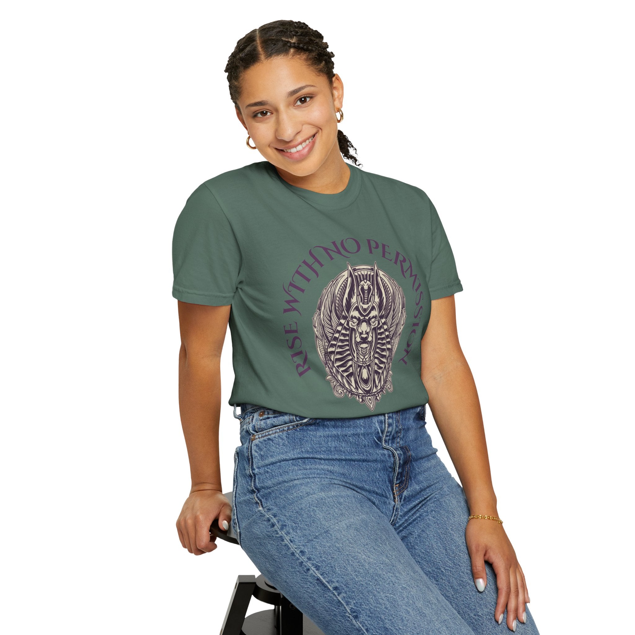 Rise With No Permission T-Shirt — Anubis Helmet Graphic Tee (“Your Song Is Your Spell”)