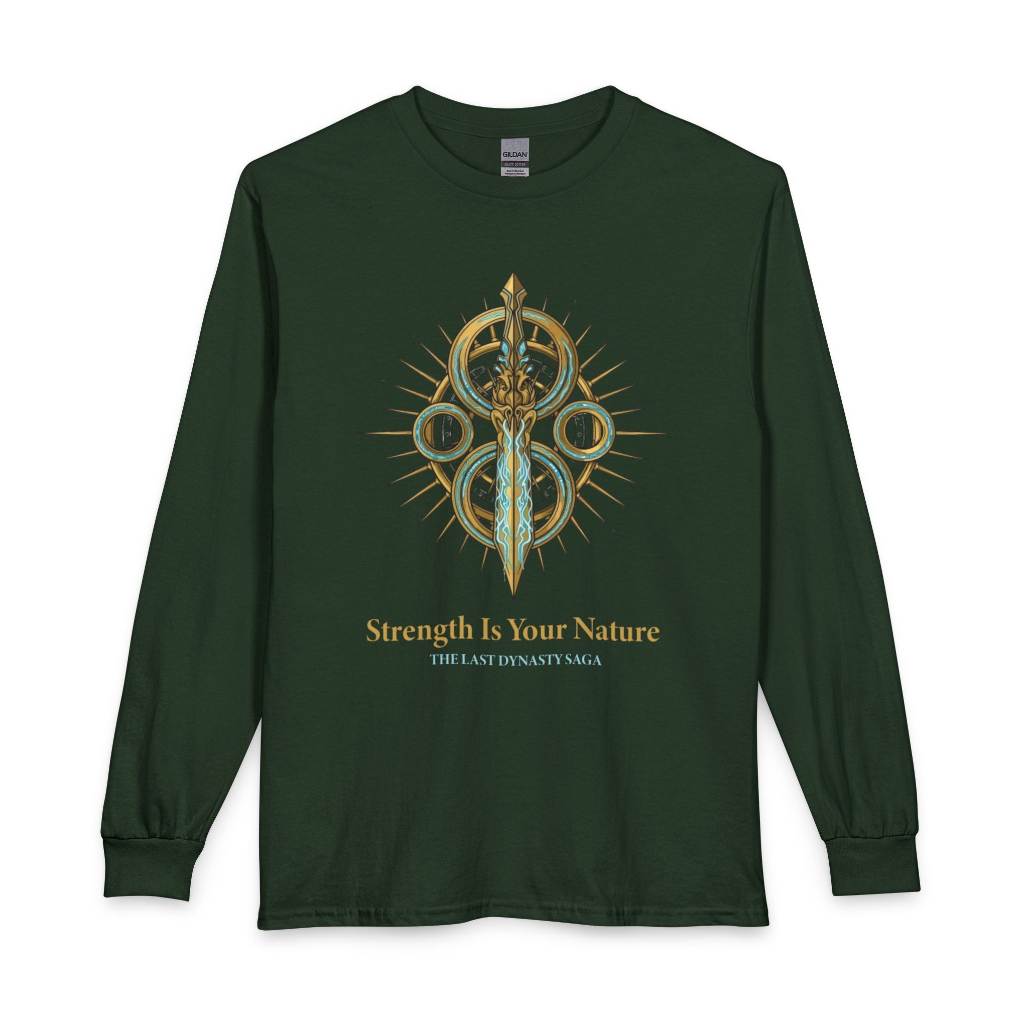 Strength Is Your Nature Long Sleeve Tee — Geometric Serpent Sword and Scarab Design