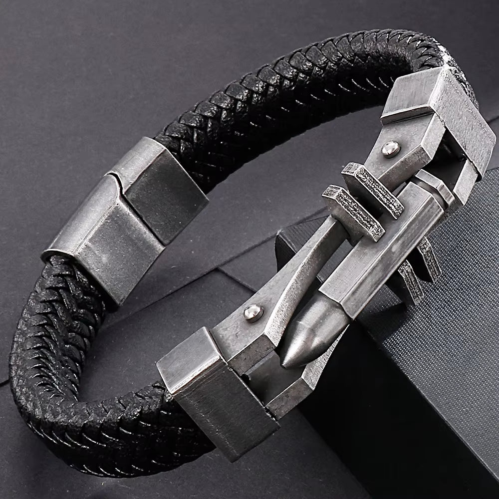 Black Leather & Steel Bracelet 316L Stainless Steel Clasp | Structured Men’s Wristband