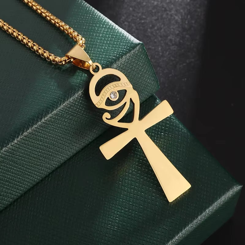 Stainless Steel Ancient Egyptian Ankh Cross Life Key Totem Necklace Men and Women Lucky Amulet Jewelry