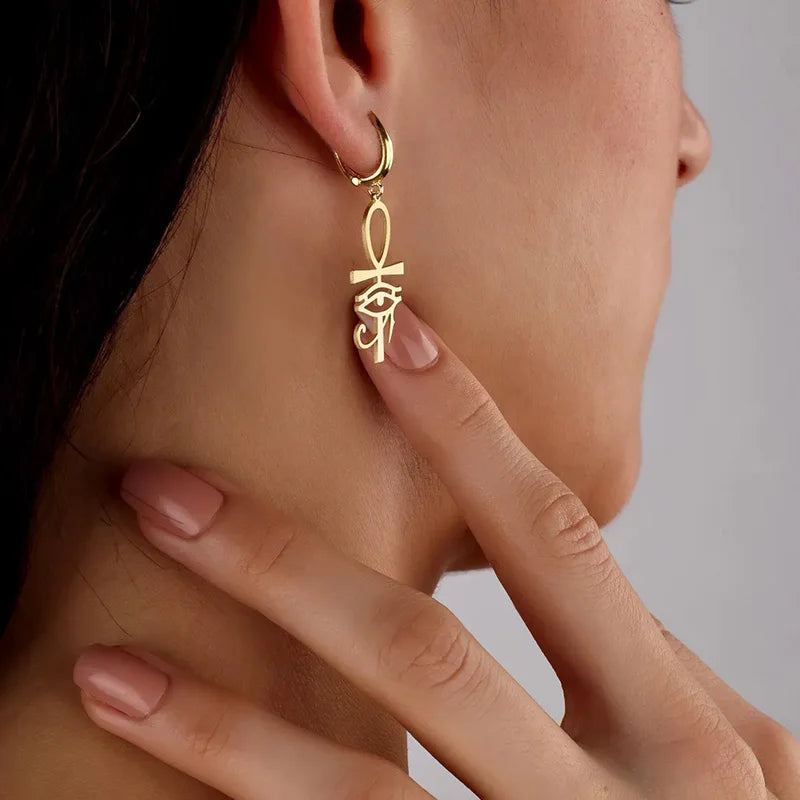 Elevate Your Style with Ankh Eye of Horus Drop Earrings - Ancient Egyptian Amulet Jewelry for Women