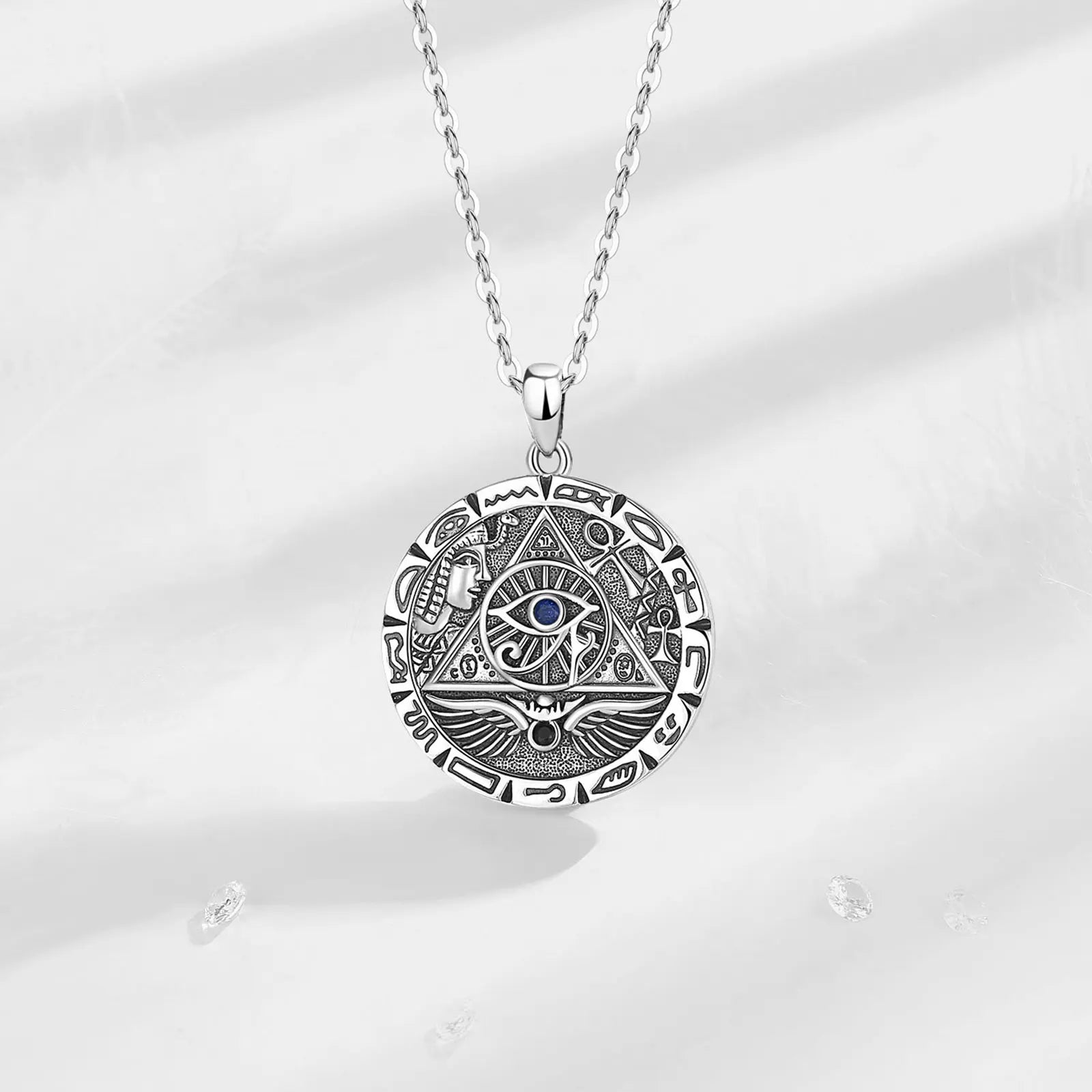 Stunning 925 Sterling Silver Egypt Pyramid All Seeing Evil Eye Illuminati Necklace - Perfect Egyptian Cross Amulet Pendant Gift for Men and Women