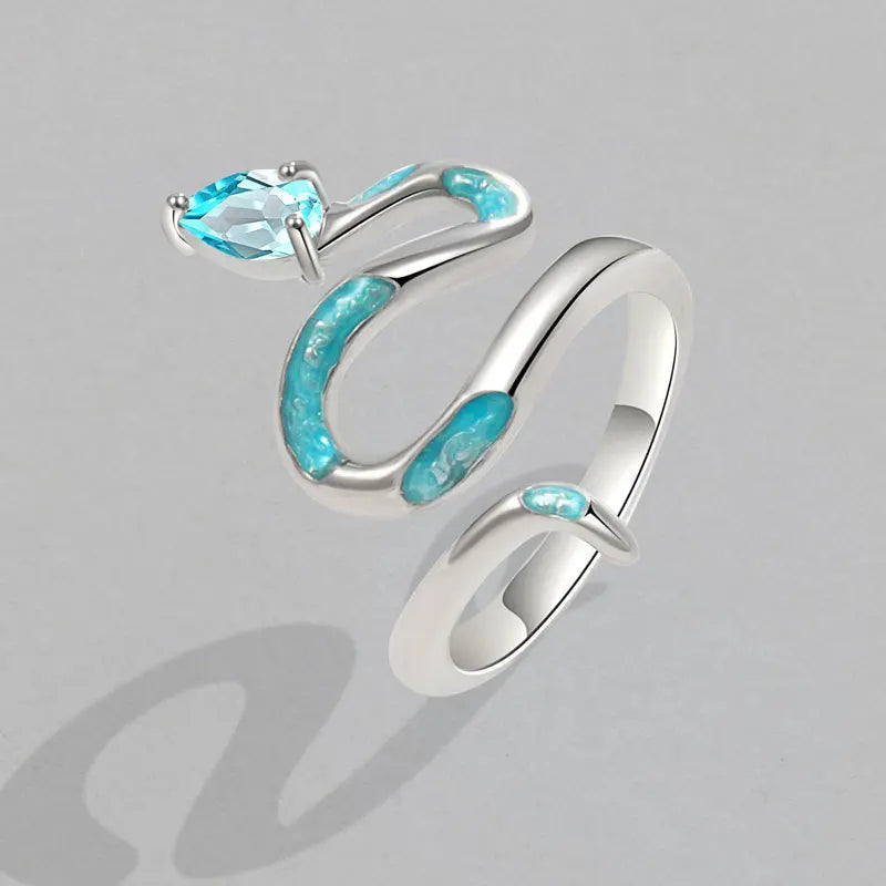 Exquisite 925 Sterling Silver Drip Glue Cyan Snake Ring - A Luxurious Cocktail Ring for Women and Girls, Perfect for Weddings and Special Occasions