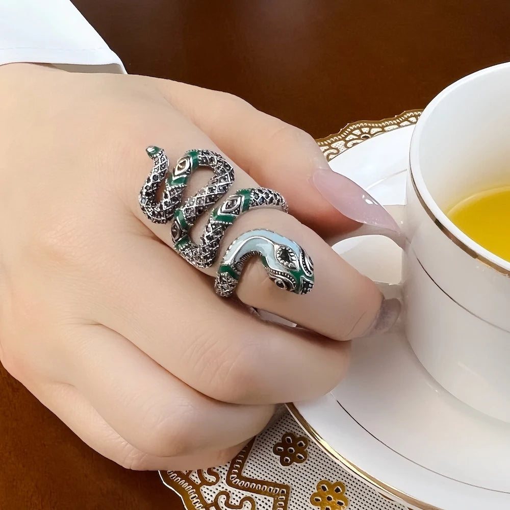 Enchanting Blue Snake Ring - A Stunning Bohemian Statement Piece for Women