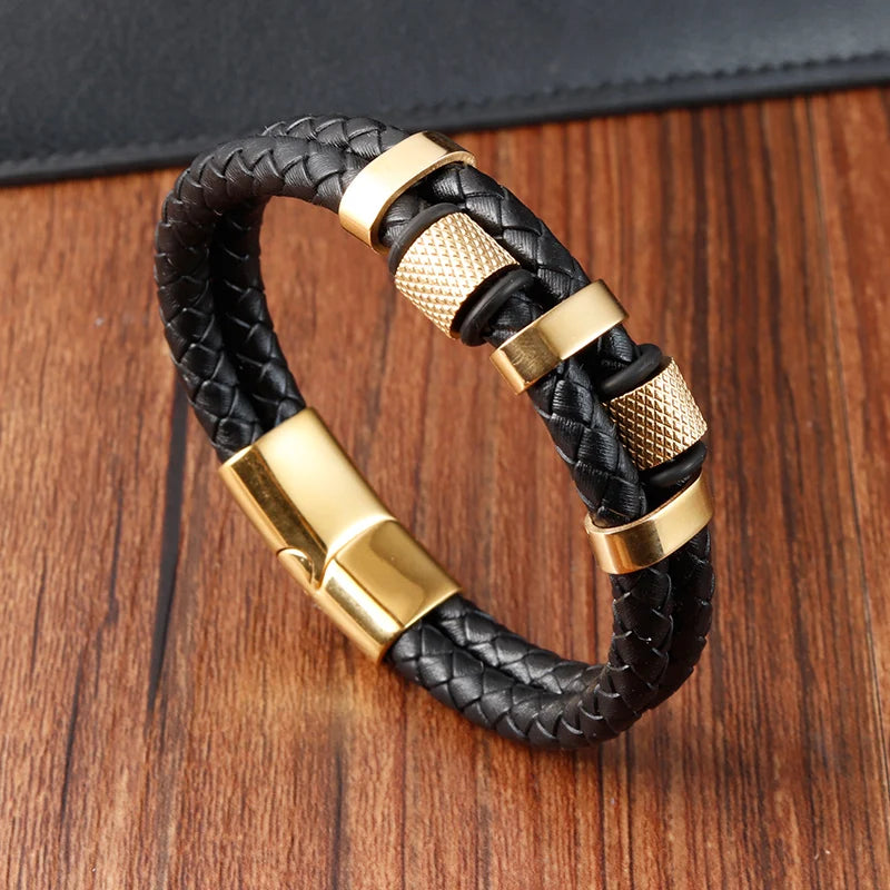 Stylish Charm Braid Rope Bracelet for Men with Stainless Steel Magnetic Buckle - Genuine Leather Jewelry