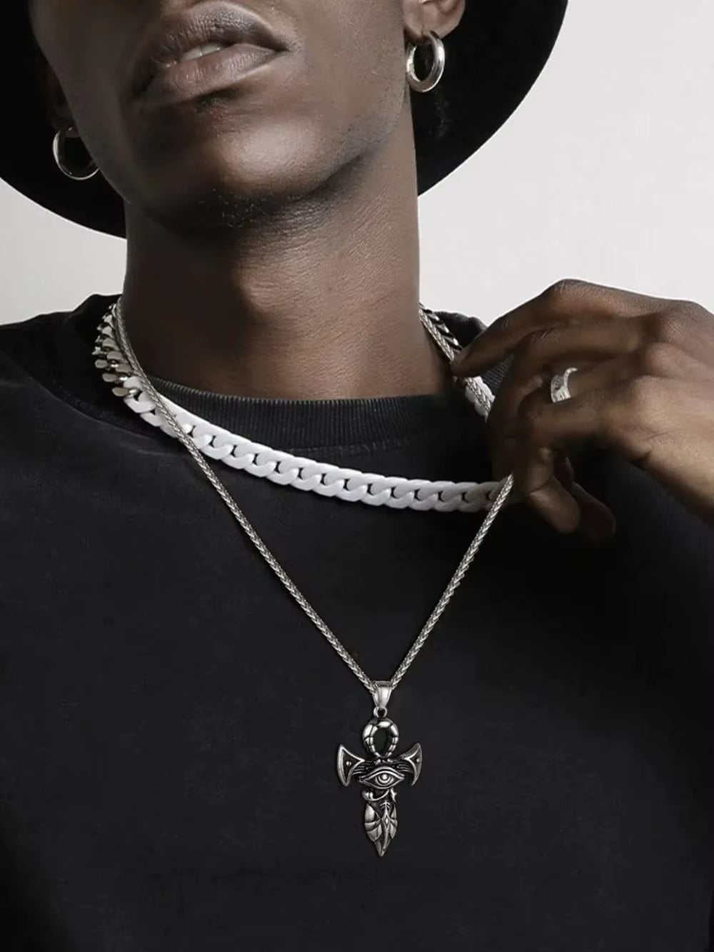 Grand Ankh & Eye Pendant 316L Stainless Steel | 22" Wheat Chain