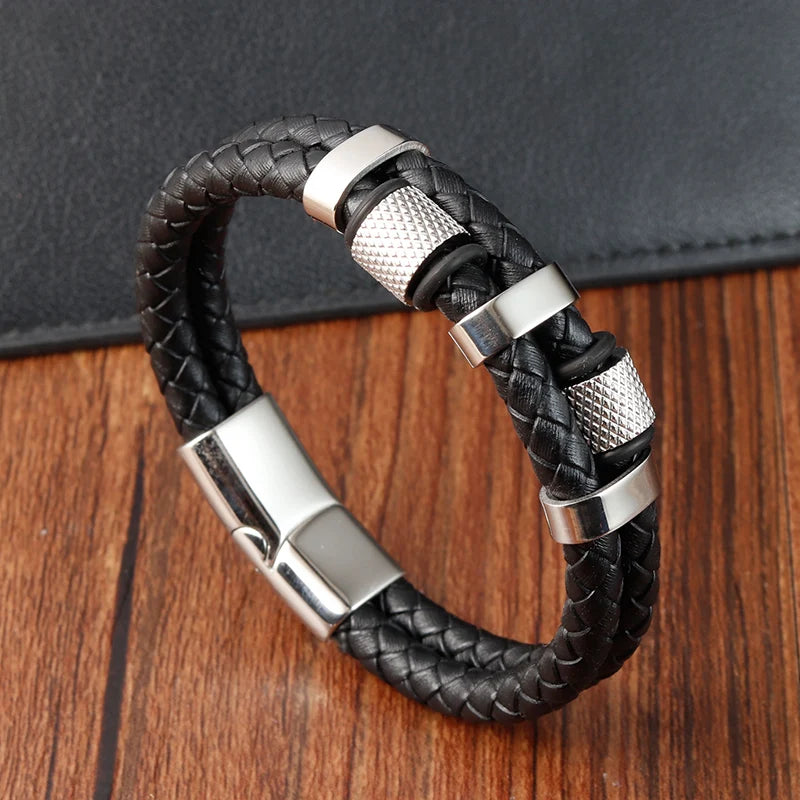 Stylish Charm Braid Rope Bracelet for Men with Stainless Steel Magnetic Buckle - Genuine Leather Jewelry